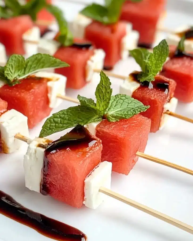 Easy Watermelon Feta Skewers with Fresh Mint and Balsamic Glaze Recipe