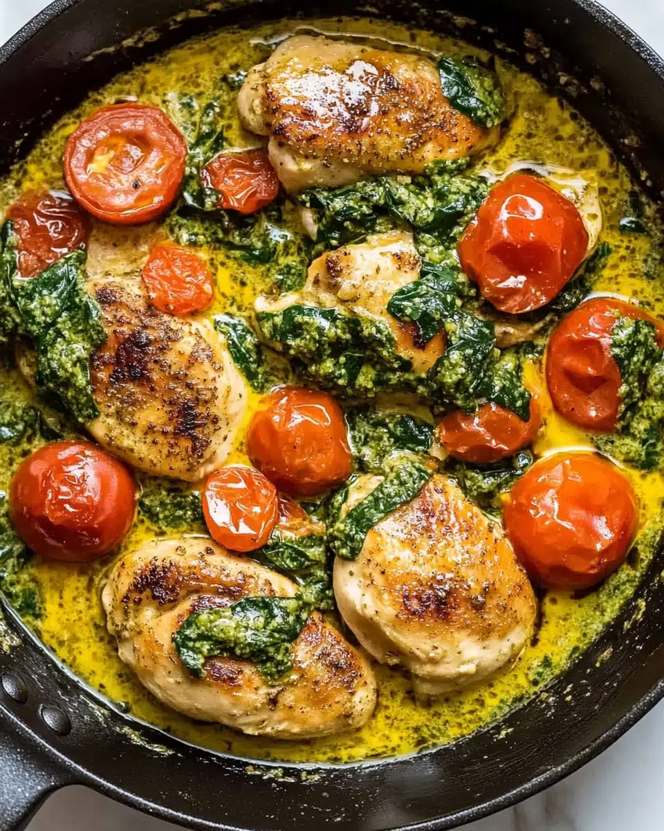 Creamy Pesto Chicken with Roasted Tomatoes Recipe