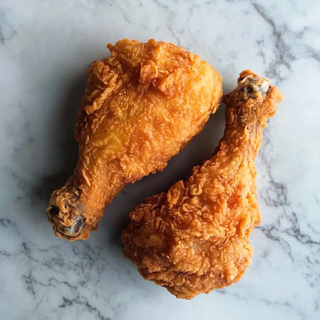 Air Fryer Fried Chicken, crispy air fryer chicken, healthy fried chicken, easy air fryer chicken recipe, quick air fryer dinner Two pieces of fried chicken with a crispy, rough, and golden-brown crust lying close to each other on a white marbled surface. The top piece shows the drumstick shape with crinkles and uneven texture in the breading, while the bottom piece is slightly darker and also textured with crisp breading.