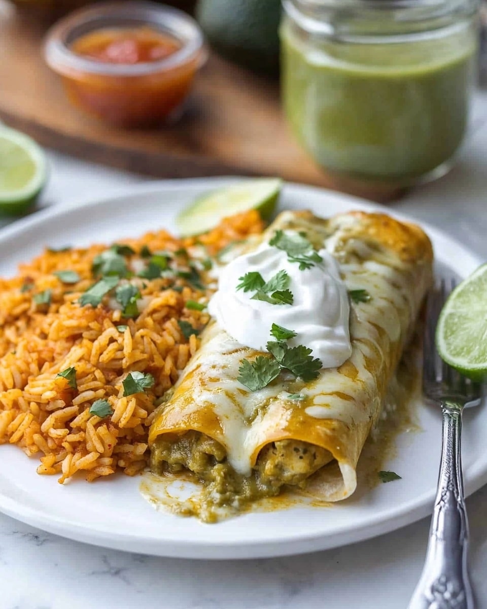 Smothered Green Chile Chicken Burritos, green chile chicken burritos, cheesy chicken burritos, easy Mexican dinner recipes, flavorful burritos A white plate on a white marbled surface holds a rolled enchilada covered in melted cheese and green sauce, topped with a dollop of white sour cream and sprinkled with chopped green onions and cilantro. To the left, a mound of orange Mexican rice with visible small pieces of vegetables sits next to a lime wedge placed on the plate’s edge. A small clear container with red salsa is positioned behind the rice. A silver fork rests on the right side of the plate. In the blurred background, a glass jar of iced tea and a halved avocado on a wooden board are visible.