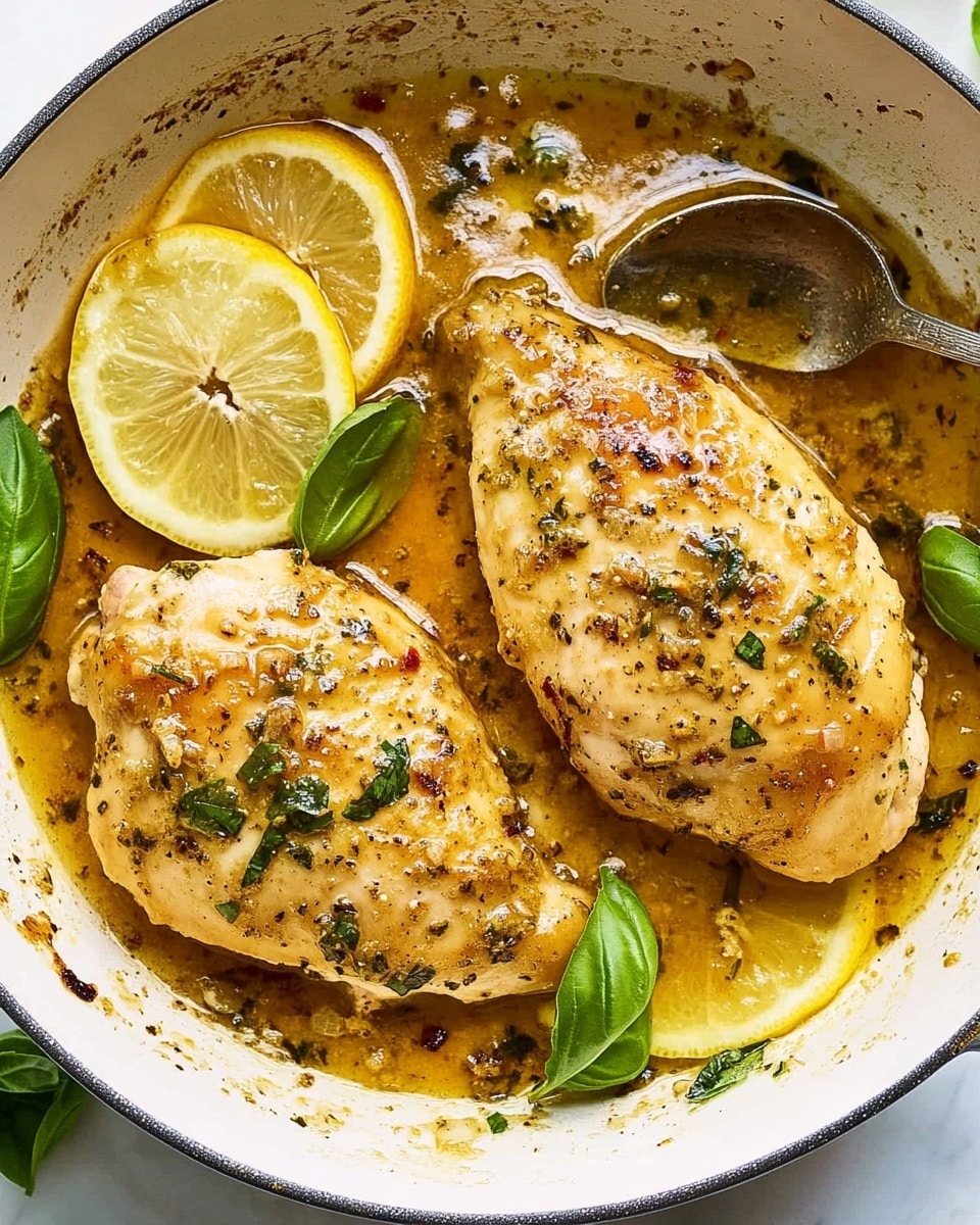 One-Pan Lemon Basil Chicken, Lemon Basil Chicken recipe, easy chicken skillet dinner, quick weeknight chicken, healthy lemon basil chicken The image shows two cooked chicken pieces with a golden brown color in a white pan. The chicken is covered with a shiny yellow sauce mixed with small herbs and bits of garlic. Around the chicken, there are thin slices of lemon, some overlapping and all bright yellow with a glossy texture. Fresh green basil leaves are scattered on and around the chicken pieces. A silver spoon rests in the pan, partially dipped in the sauce. The background is a white marbled surface.