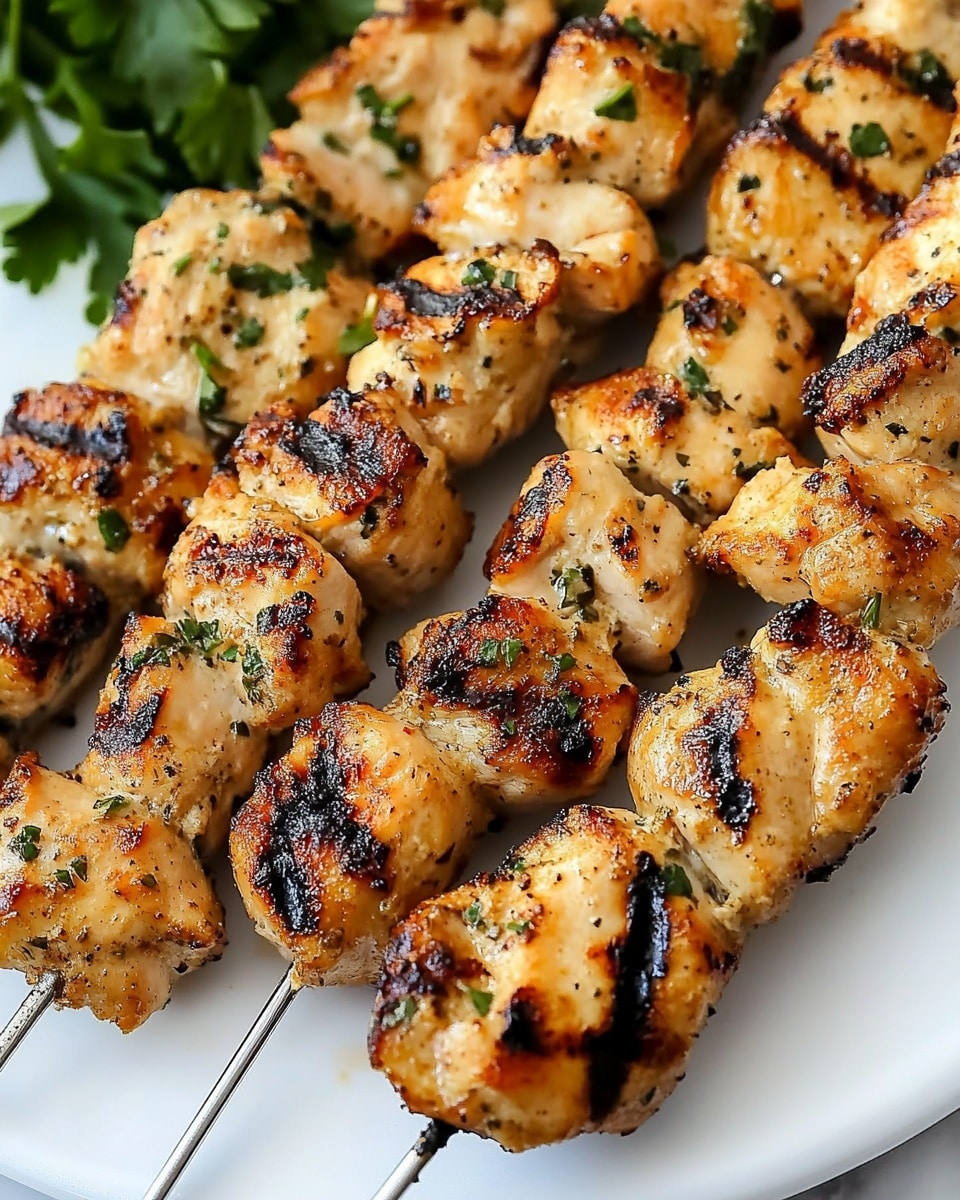 Garlic Parmesan Chicken Kebabs, grilled chicken kebabs, easy chicken skewers, flavorful chicken marinade, summer BBQ chicken The image shows five skewers of grilled chicken placed side by side on a large white plate with a clean, white marbled surface underneath. Each skewer has several pieces of chicken that are golden brown with char marks, showing a slightly crispy texture. The chicken pieces are coated with green herbs scattered across them, adding a fresh appearance. The top left corner hints at a blurred woman's hand holding greens in the background. The overall look is warm and appetizing, highlighting the texture and color contrast between the grilled chicken and the white plate.