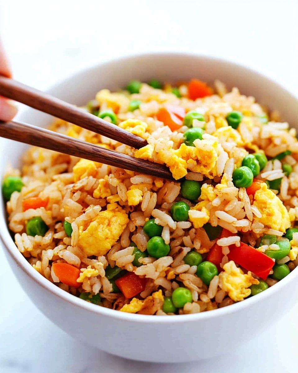 Easy Egg Fried Rice, quick egg fried rice, simple fried rice recipe, homemade egg fried rice, best egg fried rice A round silver pan filled with fried rice that shows a mix of yellow scrambled eggs, orange diced carrots, green peas, and chopped green onions scattered on top. The rice grains have a light brown color from the soy sauce and are mixed evenly with the vegetables and eggs. The pan sits on a white marbled surface with its silver handle partly visible.