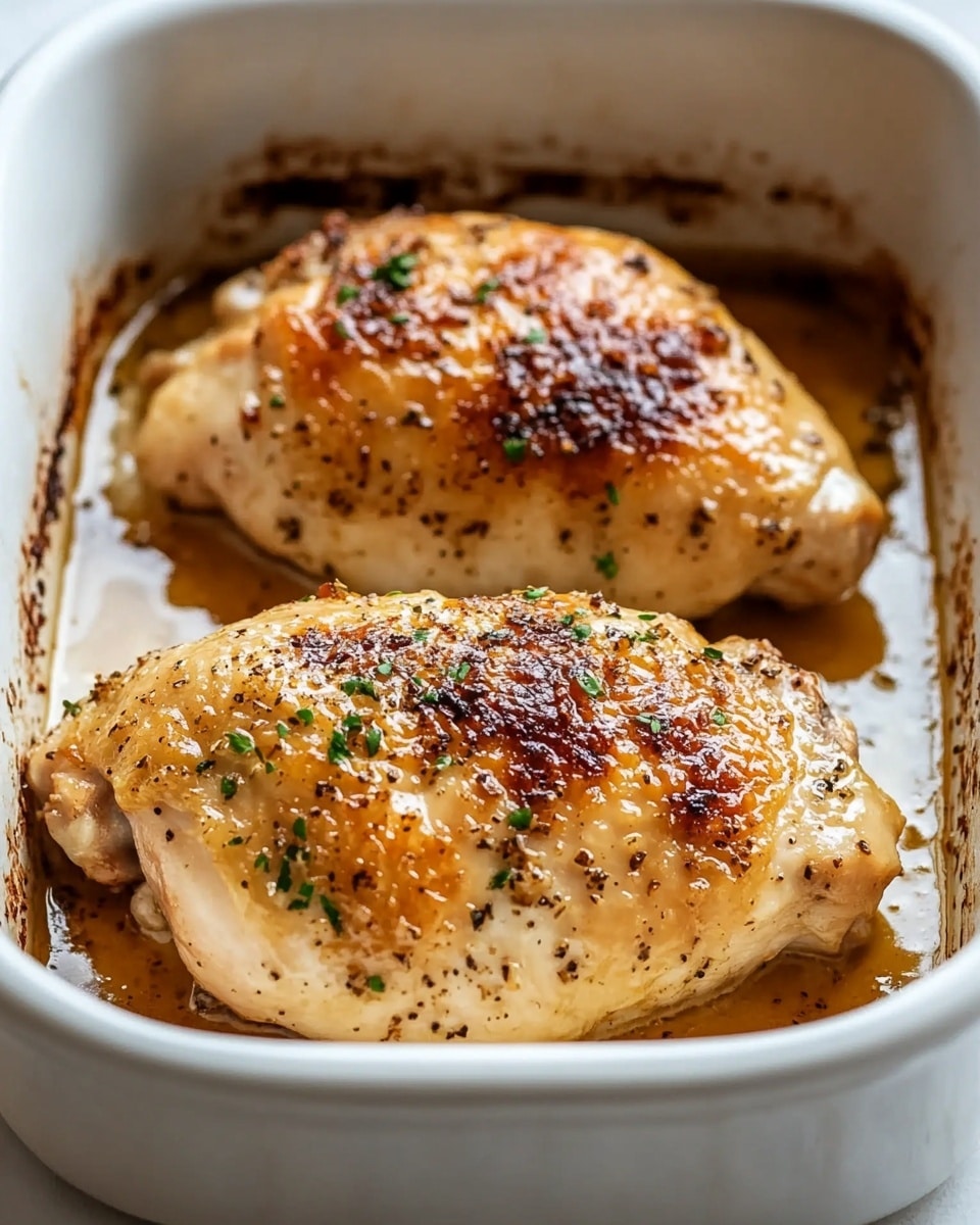 Melt In Your Mouth Chicken Breast, tender chicken breast recipe, creamy cheesy chicken, easy chicken dinner, juicy baked chicken The image shows two cooked chicken pieces in a white baking dish, with golden brown, slightly crispy tops and a few small green herb sprinkles on them. The chicken pieces are sitting in a shallow pool of rich, brownish cooking juices, with some darker browned spots around the edges of the dish. The texture on the chicken looks tender and slightly oily with a nice roasted crust. The scene is set on a white marbled surface.