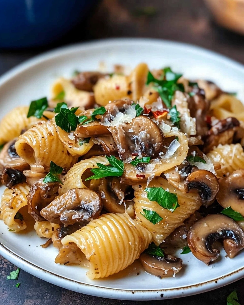 A white plate filled with a close-up view of pasta with wide, wavy-edged shells mixed with golden brown sautéed mushrooms, including sliced mushrooms showing a tender texture. The pasta has a light brown sauce coating and is garnished with fresh green parsley leaves scattered on top. Bits of grated cheese and crushed red pepper flakes add texture and color contrasts. The scene is set on a dark surface with a blurred blue bowl in the background. photo taken with an iphone --ar 4:5 --v 6.1