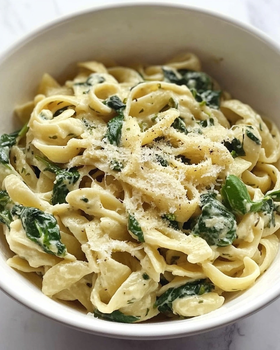 The image shows a bowl filled with pasta that looks soft and slightly twisted, mixed with fresh green spinach leaves. The pasta is coated evenly in a creamy sauce with green herbs and small bits of grated cheese scattered on top. The pasta pieces are mostly pale yellow, while the spinach adds splashes of dark green, creating a nice contrast. The bowl is white and sits on a white marbled surface. Photo taken with an iphone --ar 4:5 --v 6.1