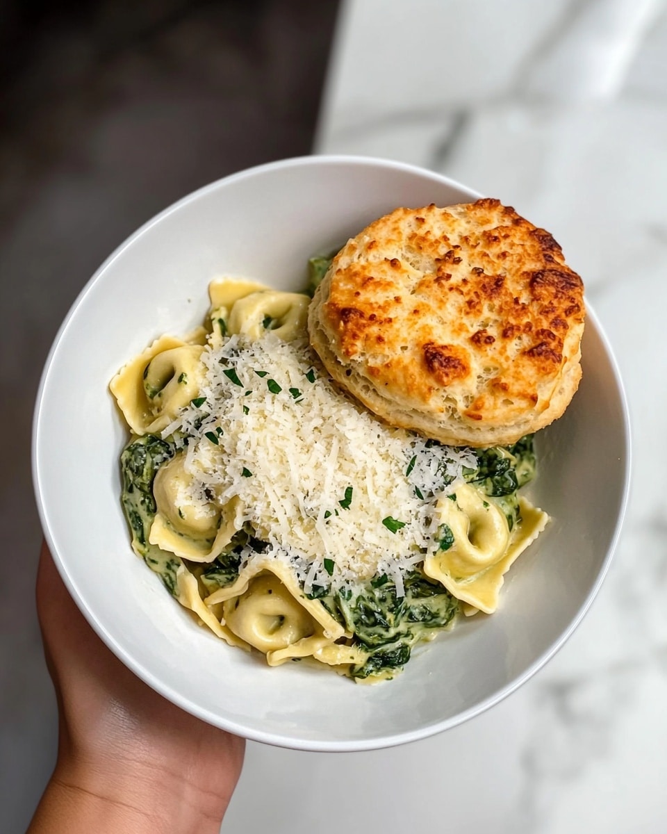 A white bowl held by a woman's hand shows a dish with two main layers. The bottom layer is green and white tortellini pasta mixed with spinach, coated with a light sauce and sprinkled with finely shredded white cheese evenly on top. Resting on the edge of the bowl is a large, golden-brown biscuit with a textured, slightly crispy top and specks of green herbs. The background is a white marbled surface. photo taken with an iphone --ar 4:5 --v 6.1