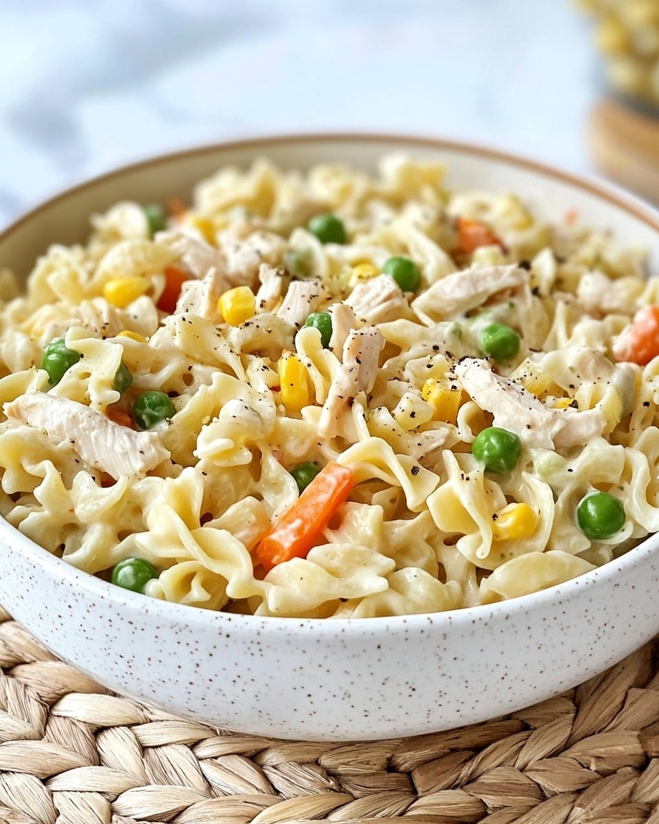 A large white bowl filled with a creamy pasta salad. The bottom layer is made of curly egg noodles in a pale yellow color. Mixed in are small pieces of shredded chicken, peas, diced carrots, and corn scattered throughout, adding green, orange, and yellow spots. The dish looks lightly creamy with specks of black pepper sprinkled on top, making the surface textured and slightly glossy. The bowl rests on a woven mat with a white marbled background. photo taken with an iphone --ar 4:5 --v 6.1