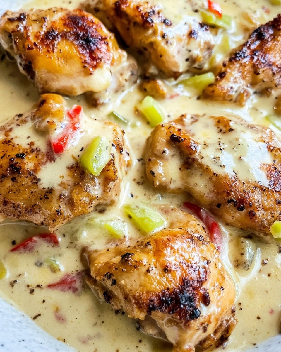 The image shows several pieces of golden brown cooked chicken laid close together, with a creamy white sauce covering and surrounding the chicken. The sauce has a smooth texture with sliced light green peppers and small pieces of red vegetables spread throughout. The chicken pieces have a slightly crispy, speckled surface with black pepper visible. The sauce pools around the chicken, creating a thick layer beneath and partially over the top. The dish is presented in a shallow white plate on a white marbled surface. photo taken with an iphone --ar 4:5 --v 6.1