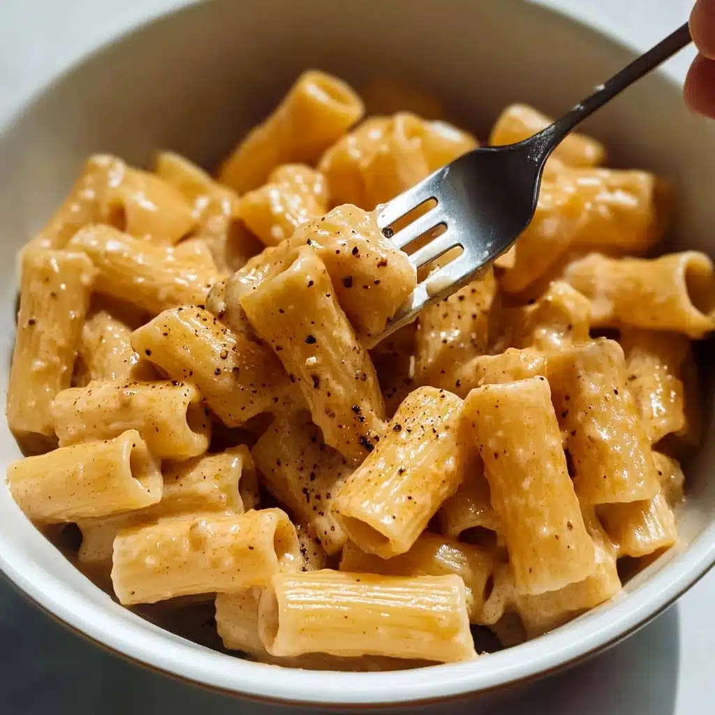 Creamy French Onion Pasta, French Onion Pasta recipe, caramelized onion pasta, cheesy onion pasta, easy French onion pasta dish A white bowl is filled with thick, tube-shaped pasta coated in a smooth, creamy beige sauce with small black pepper flakes sprinkled evenly on top. The pasta pieces are tightly packed, showing their hollow centers and slightly rough texture from the sauce clinging to them. A fork held by a woman's hand is pulling up one piece of pasta, the sauce stretching slightly from the pasta to the fork. The scene sits on a white marbled surface.