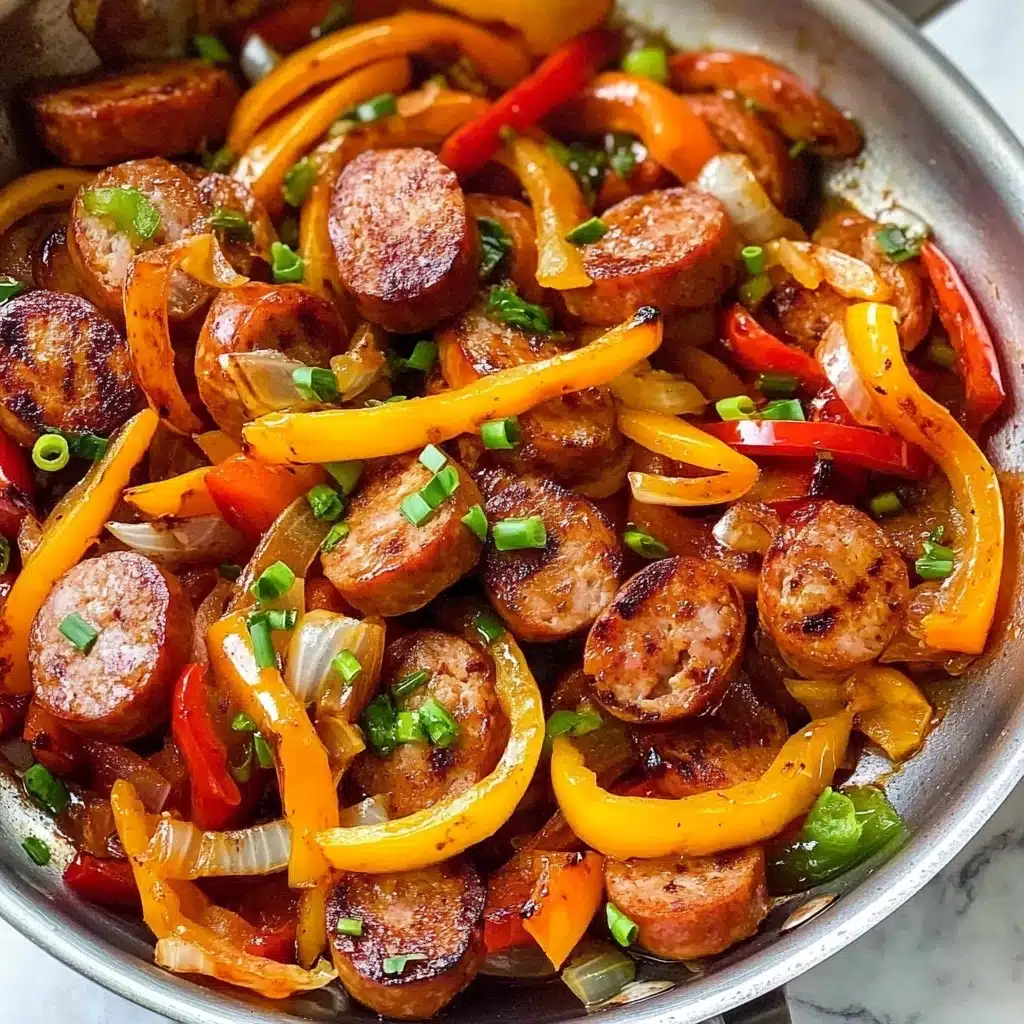 Sausage and Peppers Skillet, sausage and peppers dinner, one-pan sausage meal, quick sausage skillet recipe, easy sausage peppers dish The image shows a close-up of a silver pan filled with cooked sliced sausages and colorful bell pepper strips in red, yellow, and orange, mixed with sautéed onion slices. The sausages are golden-brown with a slightly crispy texture on the edges, while the vegetables look soft and glossy, indicating they are cooked but not mushy. There are small green onion pieces scattered on top, adding a fresh touch. The pan is placed on a white marbled surface, and in the bottom right, part of a woman's hand holding the pan handle is visible.