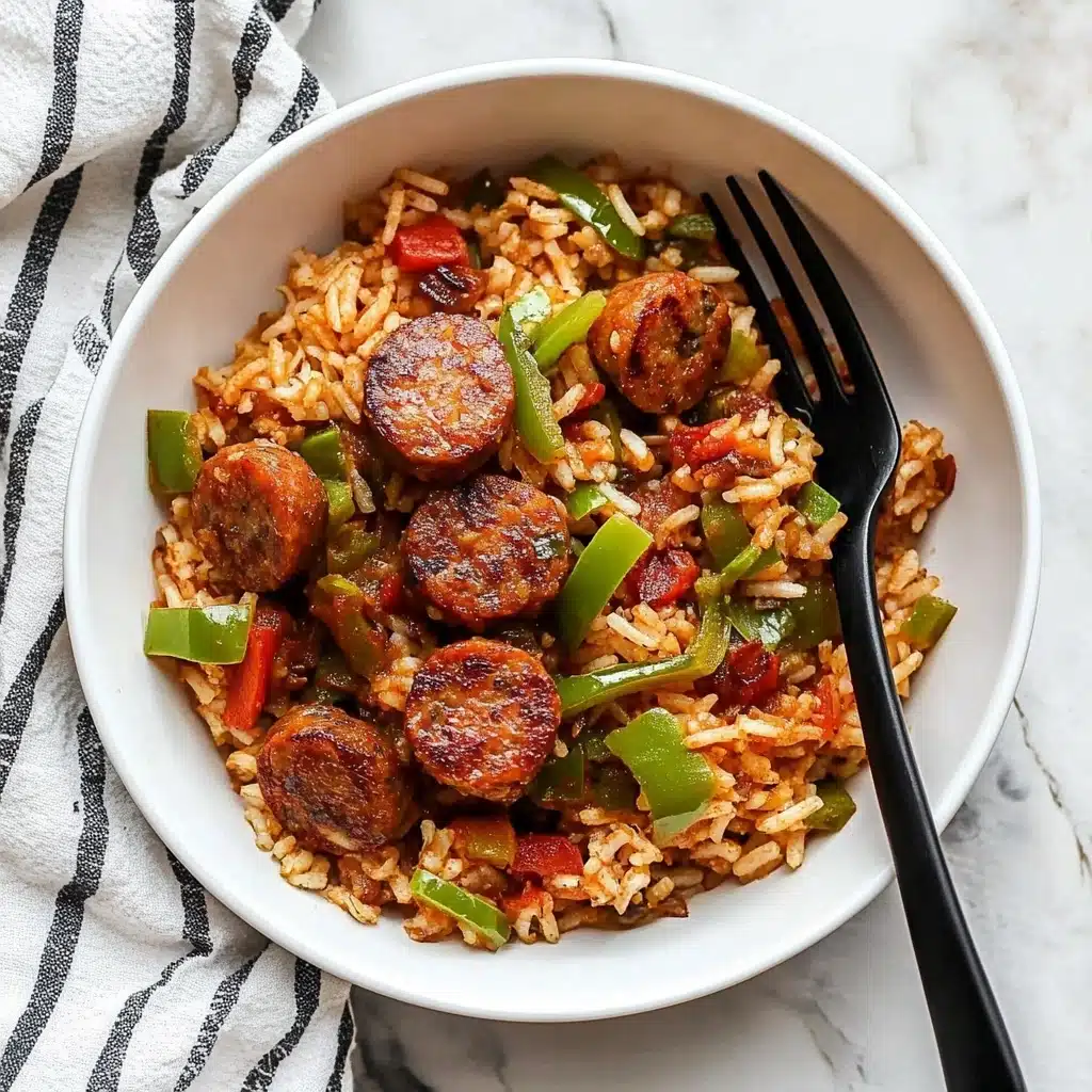 Cajun Sausage and Rice Skillet, Cajun sausage skillet, spicy sausage and rice dish, easy Cajun dinner, one-pan Cajun rice recipe A white bowl filled with a layered dish consisting of cooked rice mixed with diced green bell peppers and small pieces of tomato, giving the rice a reddish tint. On top, there are several round slices of browned sausage, evenly spread out. A few bright green onion slices are scattered over the dish, adding a fresh touch. A black fork rests inside the bowl on the right side. The bowl is placed on a white marbled surface with a white and black striped cloth nearby.