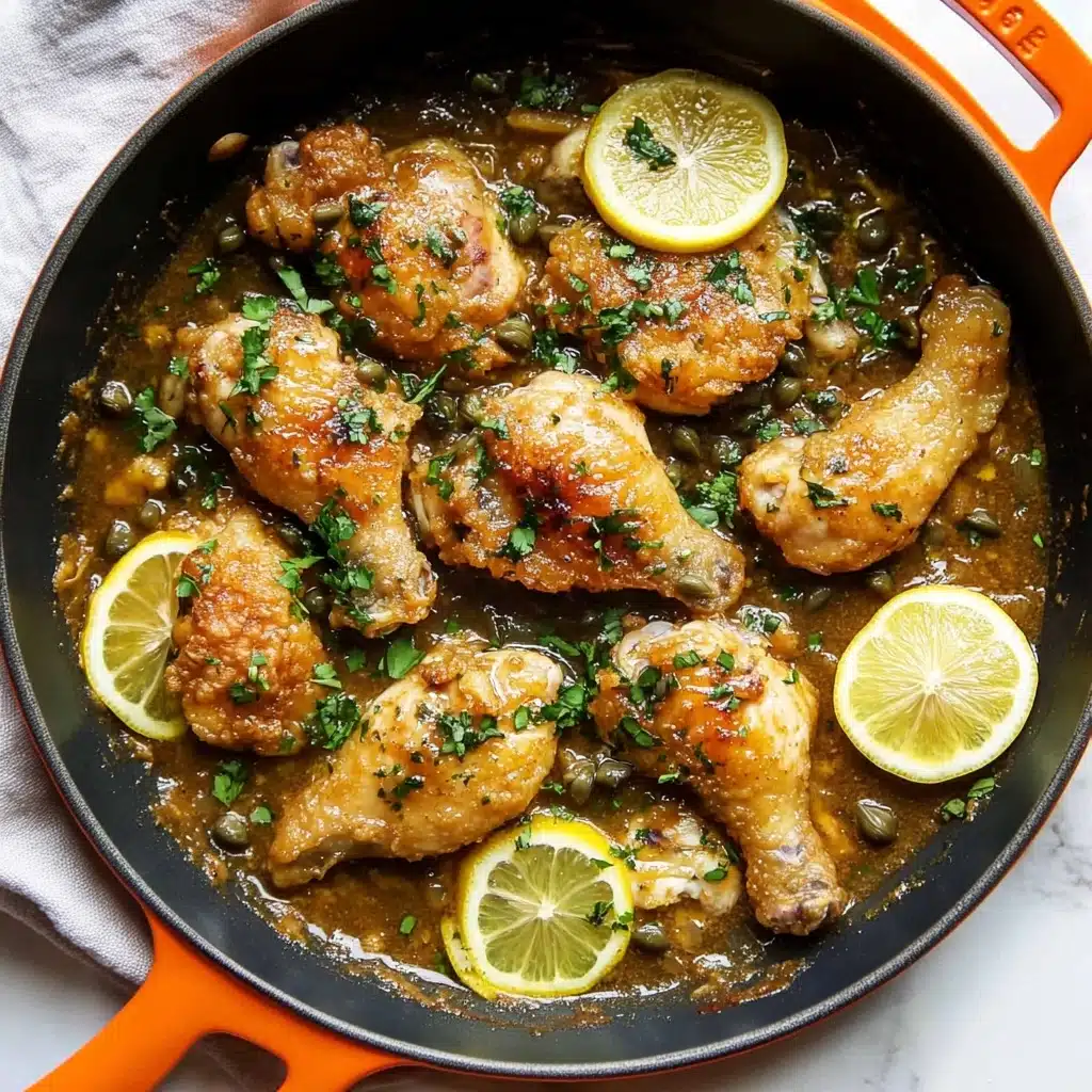 Chicken Piccata, Gluten-Free Chicken Piccata, Easy Chicken Piccata, Lemon Chicken Piccata, Healthy Chicken Piccata A skillet filled with golden brown fried chicken pieces resting in a light brown sauce, garnished with bright green chopped herbs scattered over the top. Thin yellow lemon slices are placed on the chicken, adding pops of color and freshness. Small capers are visible in the sauce, which has a slightly glossy texture, pooling around the chicken. The skillet has orange handles, and it is placed on a white marbled surface with a light-colored cloth beneath.