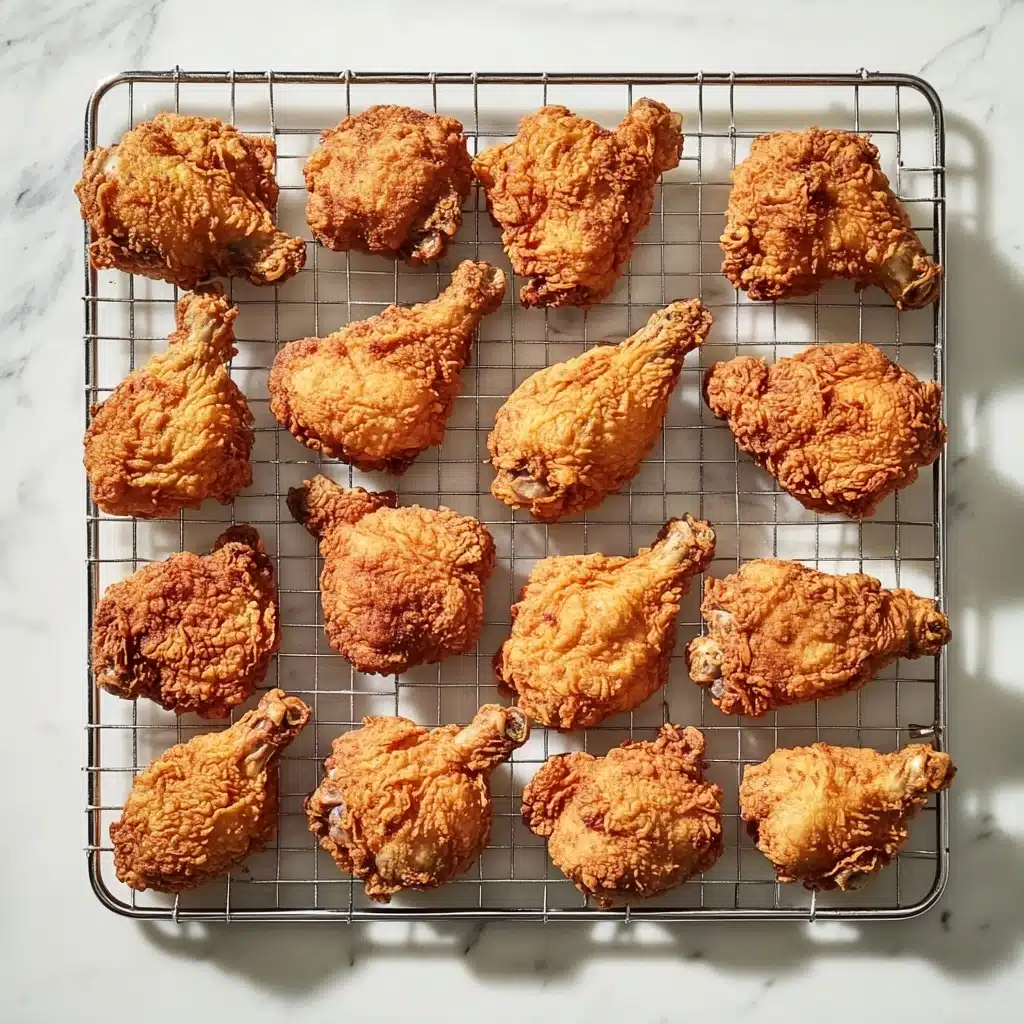 Buttermilk Fried Chicken, crispy fried chicken, southern fried chicken, tender fried chicken recipe, homemade fried chicken A metal cooling rack holds twelve pieces of golden-brown fried chicken, each piece showing a crispy, crunchy texture with uneven, crunchy edges and a rough surface. The chicken pieces vary in size and type, including drumsticks, wings, and thighs, all evenly spaced on the rack. The rack is placed on a white marbled surface, which contrasts softly with the warm, rich colors of the fried chicken. Light shadows below the rack emphasize the height and texture of the chicken pieces.