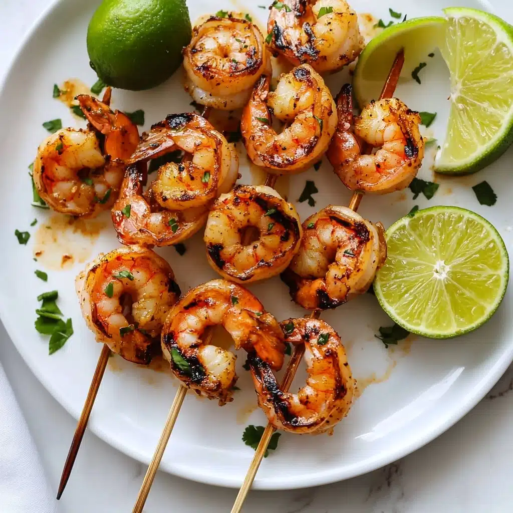 Asian Marinated Grilled Shrimp Skewers, grilled shrimp recipes, shrimp skewers Asian marinade, easy seafood dishes, summer BBQ shrimp skewers The image shows a close-up of grilled shrimp skewers with about two layers of shrimp stacked, each shrimp having an orange-pink color with charred black grill marks, and a shiny, slightly oily texture. The shrimp are garnished with small green chopped herbs scattered evenly on top, and some cilantro leaves are visible, adding a fresh green color contrast. The skewers are placed on a white plate, which is set on a white marbled surface in soft natural light that highlights the delicious grilled texture and colors of the shrimp.
