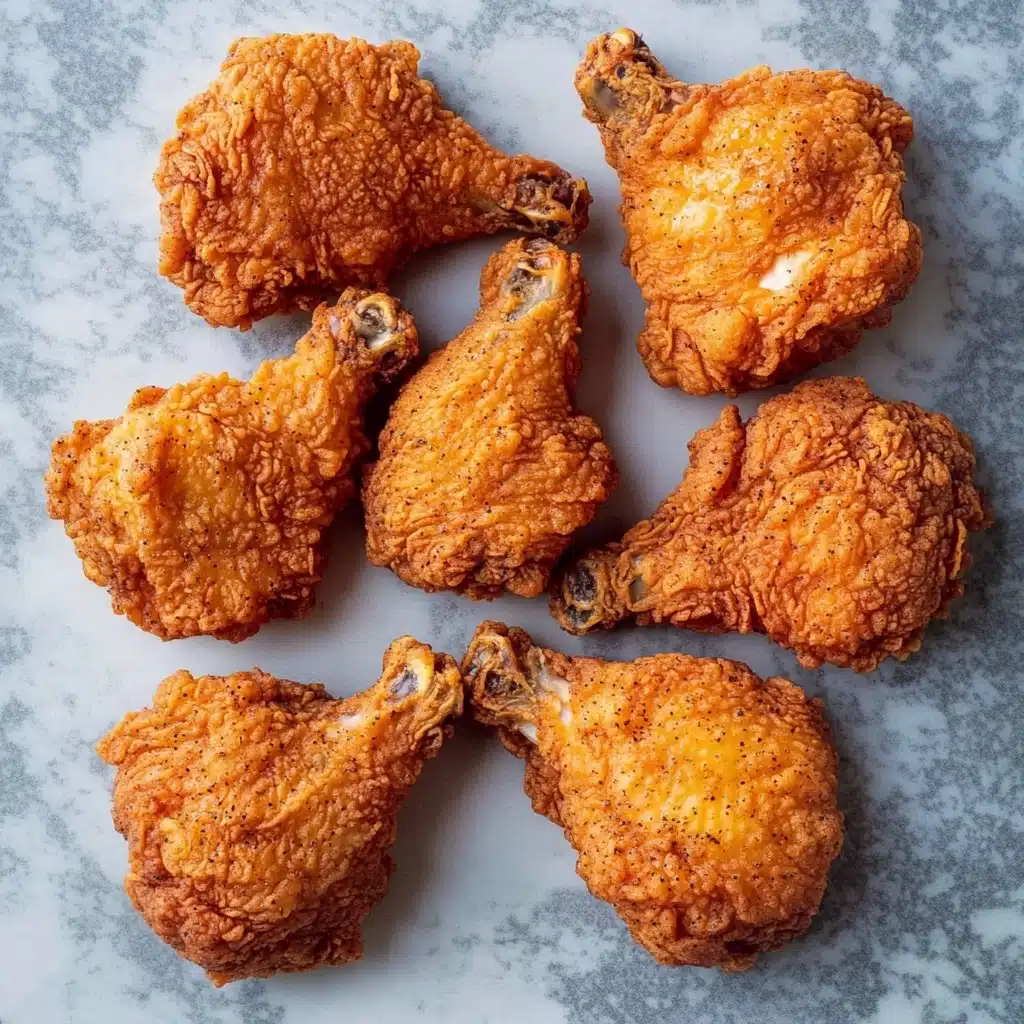 Air Fryer Fried Chicken, crispy air fryer chicken, healthy fried chicken, easy air fryer chicken recipe, quick air fryer dinner Seven pieces of fried chicken are arranged randomly on a white marbled surface. Each piece shows a thick, crunchy orange-brown coating with a textured, crispy crust. The pieces vary in shape and size, with some larger drumsticks and smaller, irregular-shaped cuts. Specks of black pepper are visible on the crispy skin, enhancing the look of the spicy coating. The lighting highlights the rough, crunchy surface of the fried chicken, making it look hot and freshly cooked.