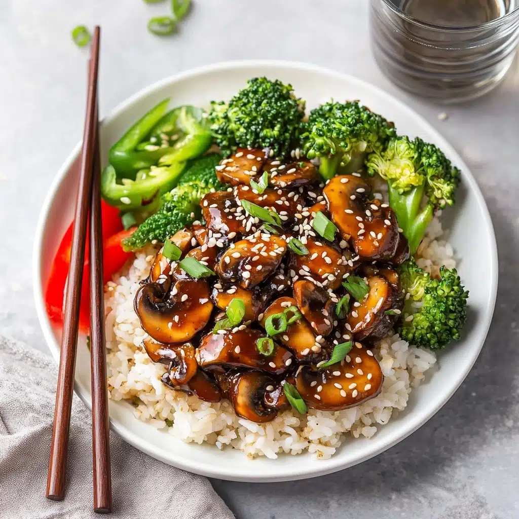 Instant Pot Teriyaki Chicken, easy teriyaki chicken recipe, quick chicken dinner, healthy Instant Pot recipes, savory chicken recipes A white plate holds a colorful dish with three main layers. The bottom layer is light brown rice spread all around the plate. On top of that, there are bright green broccoli florets and slices of shiny red bell pepper arranged on one side. Next to the vegetables, there is a dark brown stir fry made of bite-sized pieces of mushrooms and a glossy sauce sprinkled with white sesame seeds and small green onion pieces. The plate sits on a white marbled surface, with a pair of wooden chopsticks placed to the left of the plate and a small wooden bowl of sesame seeds to the right. A clear glass of water is partially seen in the top left corner.