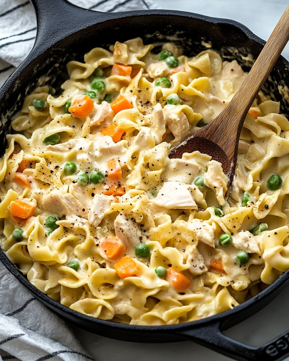 Chicken Pot Pie Noodle, Chicken Pot Pie Noodle Recipe, Quick Chicken Noodle Dinner, Creamy Chicken Pasta, Easy Comfort Food A black cast iron pan filled with creamy chicken noodle casserole showing three layers: the bottom layer has wide, curled egg noodles in a pale yellow color, the middle layer is made of small, bright green peas and orange carrot cubes mixed evenly, and the top layer is coated with a thick, white creamy sauce with visible black pepper specks and chunks of cooked chicken in light beige. A wooden spoon is placed in the pan, slightly lifting the noodles and vegetables. The pan is sitting on a white marbled surface with a white and black striped cloth nearby.