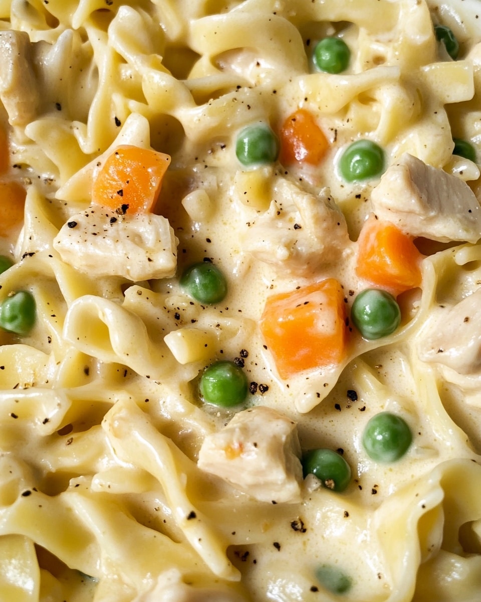 Chicken Pot Pie Noodle, Chicken Pot Pie Noodle Recipe, Quick Chicken Noodle Dinner, Creamy Chicken Pasta, Easy Comfort Food A close-up of a creamy pasta dish served in a black cast iron skillet on a white marbled surface, showing wide, curly egg noodles mixed with bright green peas and small orange carrot cubes. The pasta is coated in a smooth, light cream sauce speckled with black pepper and herbs. Pieces of tender light-colored meat are visible, blending well with the sauce and vegetables. A silver spoon lifts a portion of the pasta, highlighting the mix of colors and textures against the skillet’s dark background with a woman's hand holding the skillet.