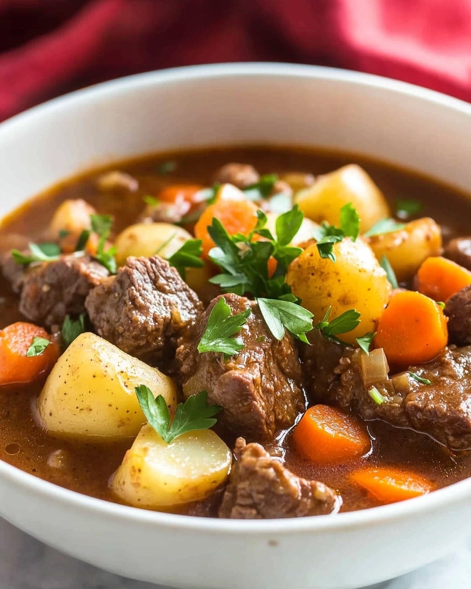 Instant Pot Beef Stew, quick beef stew, hearty beef stew, easy Instant Pot dinner, comforting beef stew A white bowl filled with a rich beef stew showing four main layers: chunks of tender brown beef, thick soft yellow potato pieces, diced orange carrots, all mixed in a thick brown broth, topped with fresh green parsley leaves scattered on top. The bowl sits on a white marbled surface with a red cloth blurred in the background. The stew looks warm and comforting with a variety of textures and colors that stand out clearly.