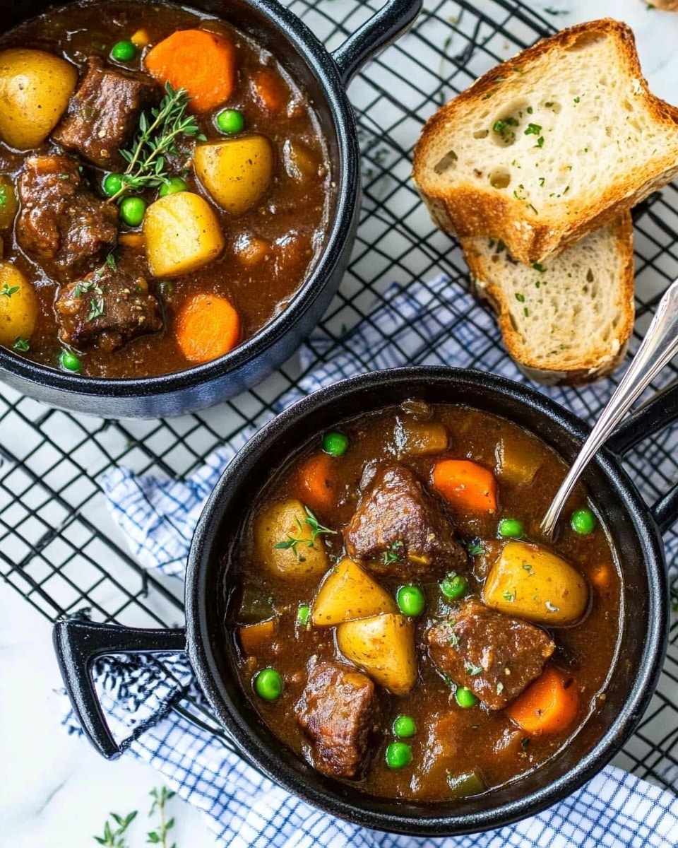 Instant Pot Beef Stew, quick beef stew, hearty beef stew, easy Instant Pot dinner, comforting beef stew Two black cast iron pots sit on a black wire rack over a white marbled surface with a blue and white checkered cloth nearby. Each pot holds a rich brown stew with visible chunks of tender dark brown meat, bright orange carrot pieces, golden potato cubes, and small green peas scattered throughout. Fresh green thyme leaves are sprinkled on top. A silver spoon rests inside the nearer pot. There are two pieces of golden toasted bread with herb sprinkles placed on the rack next to the pots, and small torn pieces of bread are scattered around.