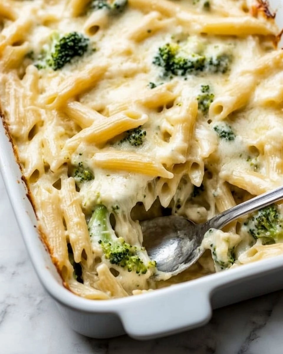 Irresistible Chicken and Broccoli Alfredo Bake, chicken broccoli Alfredo bake, creamy chicken casserole, easy weeknight dinner, cheesy chicken and broccoli bake The image shows a white rectangular baking dish filled with a creamy pasta bake. The top layer is a thick, melted white cheese with a smooth and slightly bubbly texture. Underneath, there is a mix of pale yellow penne pasta and green broccoli pieces spread evenly. A silver spoon is scooping some of the pasta from the bottom left corner, revealing more pasta and broccoli covered in the creamy sauce. The dish is placed on a white marbled surface.