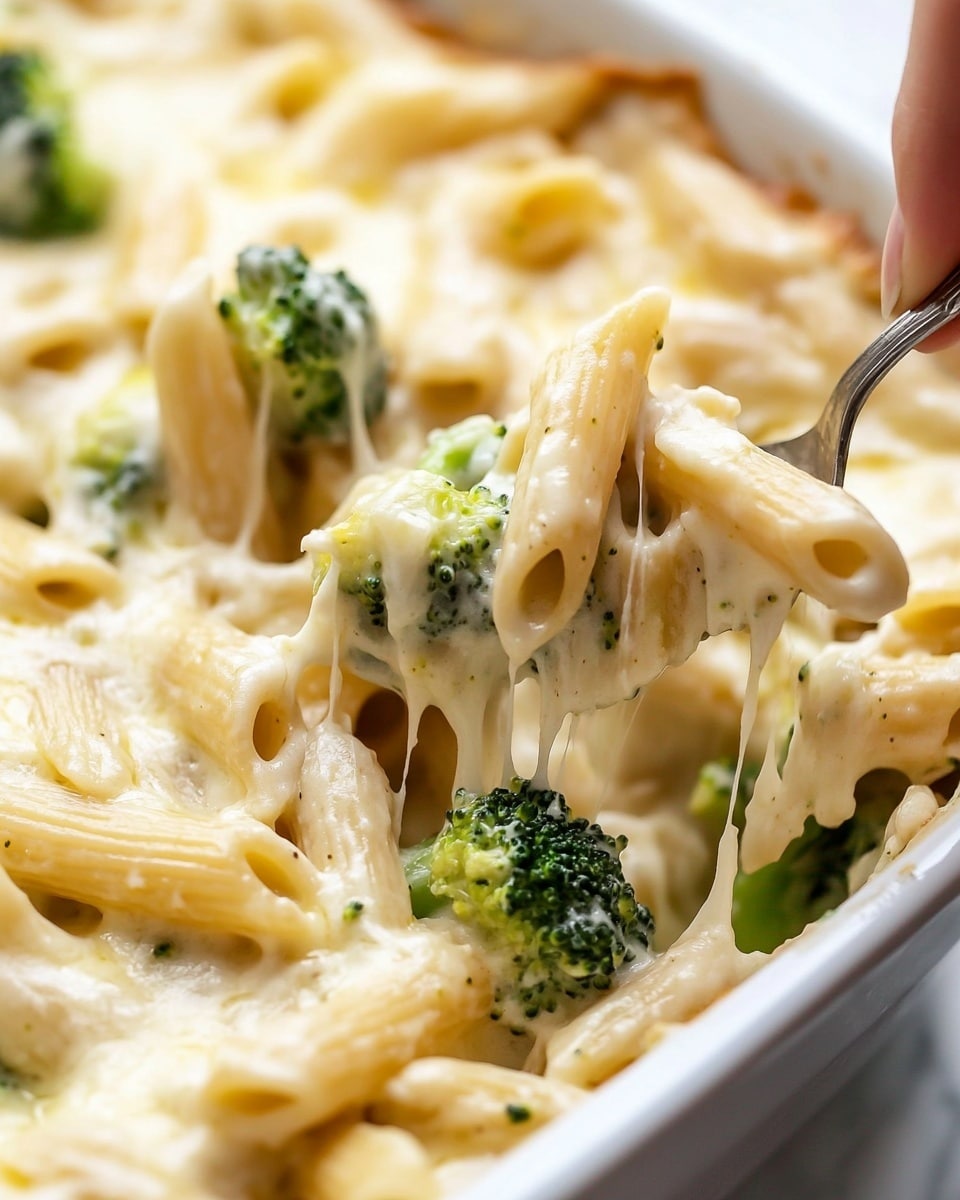 Irresistible Chicken and Broccoli Alfredo Bake, chicken broccoli Alfredo bake, creamy chicken casserole, easy weeknight dinner, cheesy chicken and broccoli bake A white bowl filled with creamy pasta and broccoli sits on a white marbled surface. The dish has three main layers: at the bottom, light golden pasta pieces with a smooth texture; on top, bright green broccoli pieces that look soft but still firm; and a creamy white sauce that spreads evenly over the pasta and broccoli, with small specks of black pepper sprinkled across. The sauce looks rich and slightly shiny.