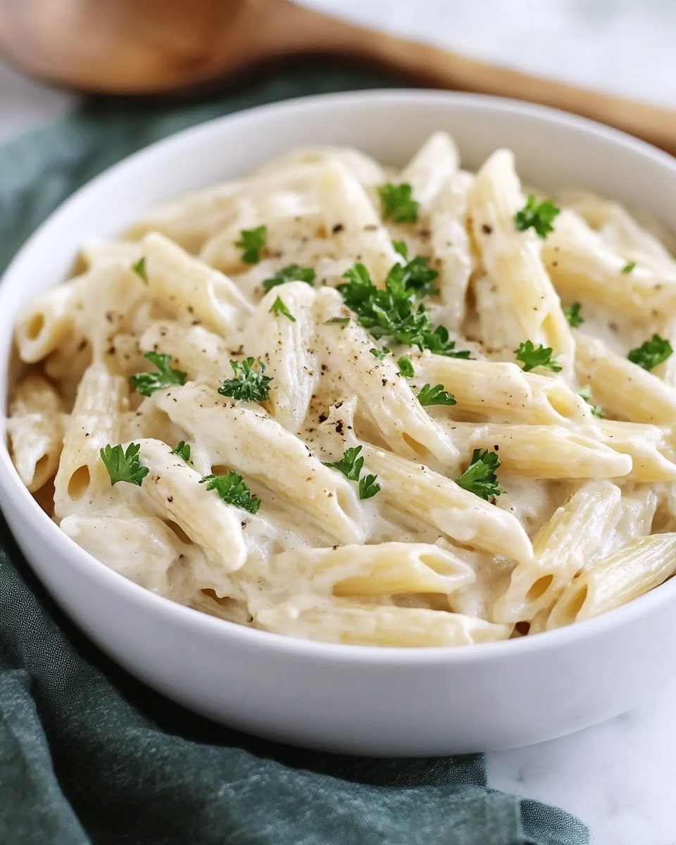 White Sauce Penne Pasta, creamy pasta recipes, easy pasta dinner, quick weeknight pasta, versatile pasta sauce A close-up view of a creamy pasta dish in a white bowl, showing many pieces of penne pasta coated in a thick, smooth white sauce. The sauce looks rich and creamy, covering each pasta piece fully. Small, fresh green parsley leaves are scattered on top evenly, adding a bright contrast to the white sauce. A light sprinkle of black pepper is visible across the dish, offering tiny dark specks on the creamy surface. The background is a white marbled texture.