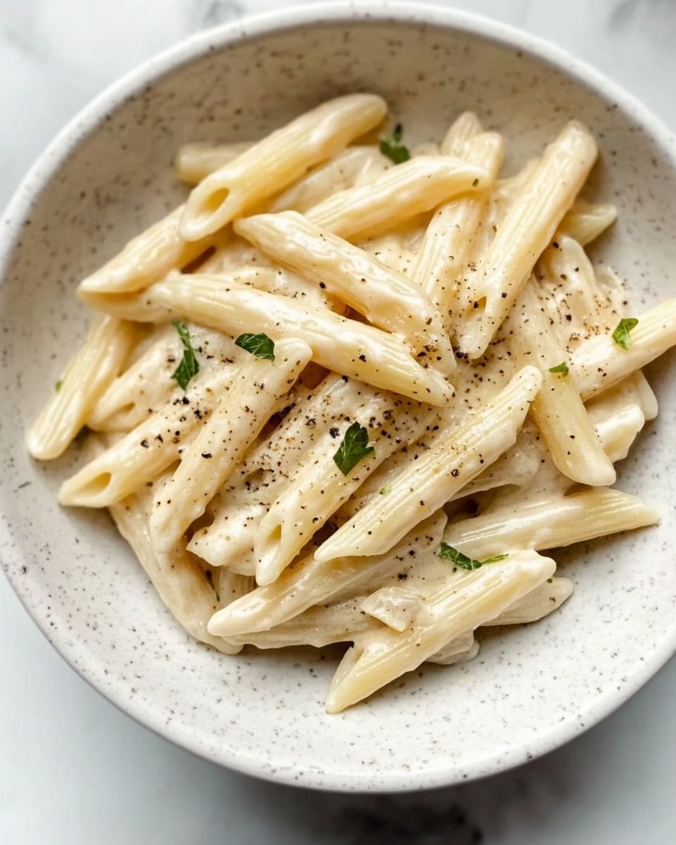 White Sauce Penne Pasta, creamy pasta recipes, easy pasta dinner, quick weeknight pasta, versatile pasta sauce A white bowl filled with creamy penne pasta fully coated with a smooth, light beige sauce, sprinkled lightly with black pepper and small green herb bits for garnish. The pasta pieces are arranged loosely, covering the bottom and mid layers of the bowl, resting on a white marbled surface.