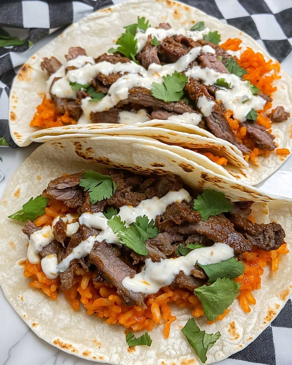 Cheesy Steak Cilantro Lime Rice Wraps, beef and rice wraps, easy steak dinner ideas, quick Mexican-inspired wraps, flavorful dinner recipes Two soft white tortillas are placed on a white marbled surface with a black and white checkered cloth underneath. Each tortilla has a base layer of orange-colored rice, topped with a layer of cooked, slightly brown beef strips. Fresh green cilantro leaves are scattered on top, along with white sauce drizzles and some reddish-brown sauce on one of the tortillas. One tortilla is folded partly over the filling, while the other is open, showing all its layers clearly.
