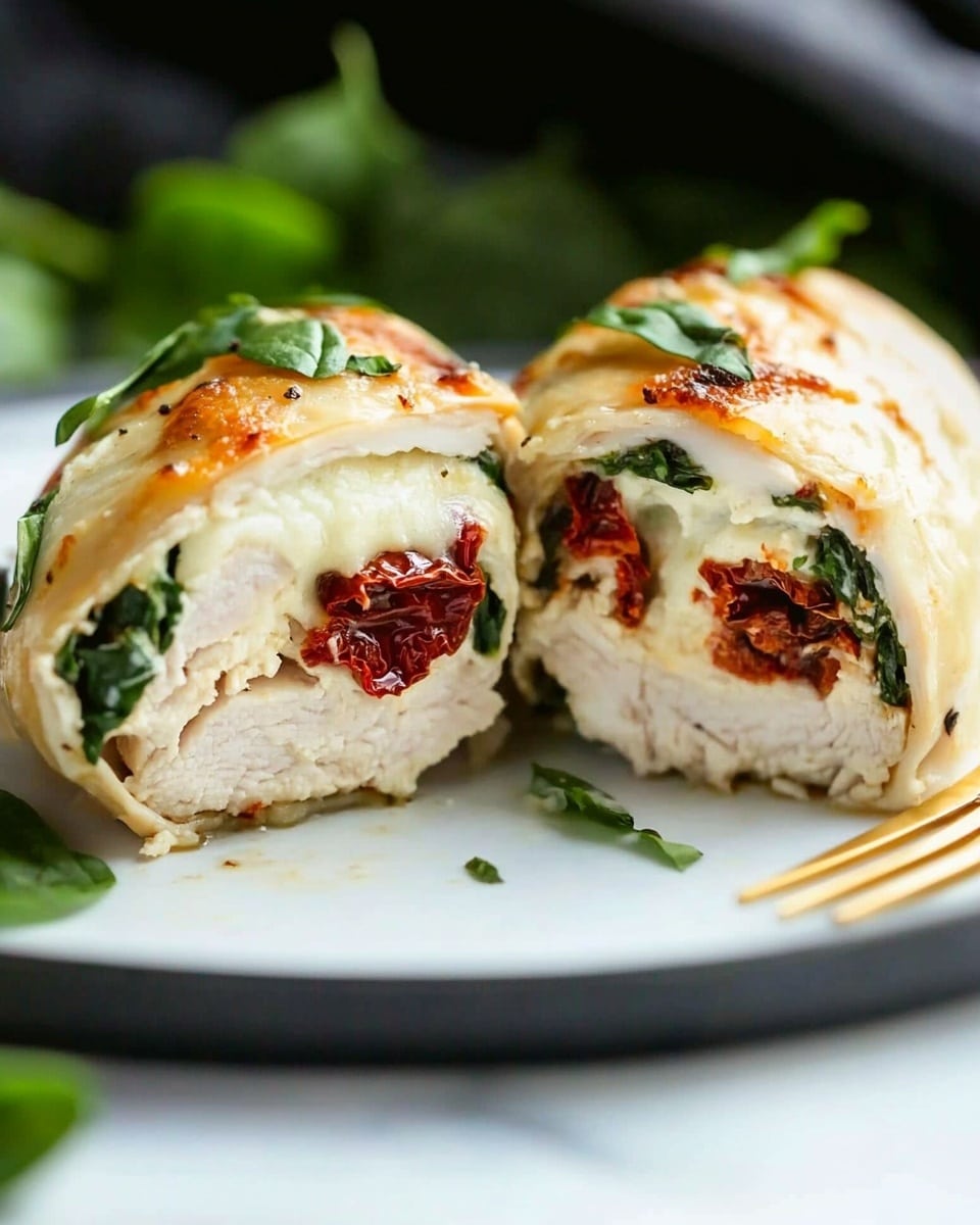 Spinach and Sun-Dried Tomato Stuffed Chicken Breast, stuffed chicken breast recipes, easy chicken breast dinner, healthy stuffed chicken, gourmet chicken recipes A close-up of a white chicken roll cut in half on a white plate, layered with melted white cheese, dark green spinach leaves, and small pieces of red sun-dried tomatoes, showing the soft, cooked chicken on the outside with a slight golden brown crust, garnished with small green herbs on top, with some spinach leaves blurred in the background on a white marbled surface, and a golden fork resting near the chicken roll;