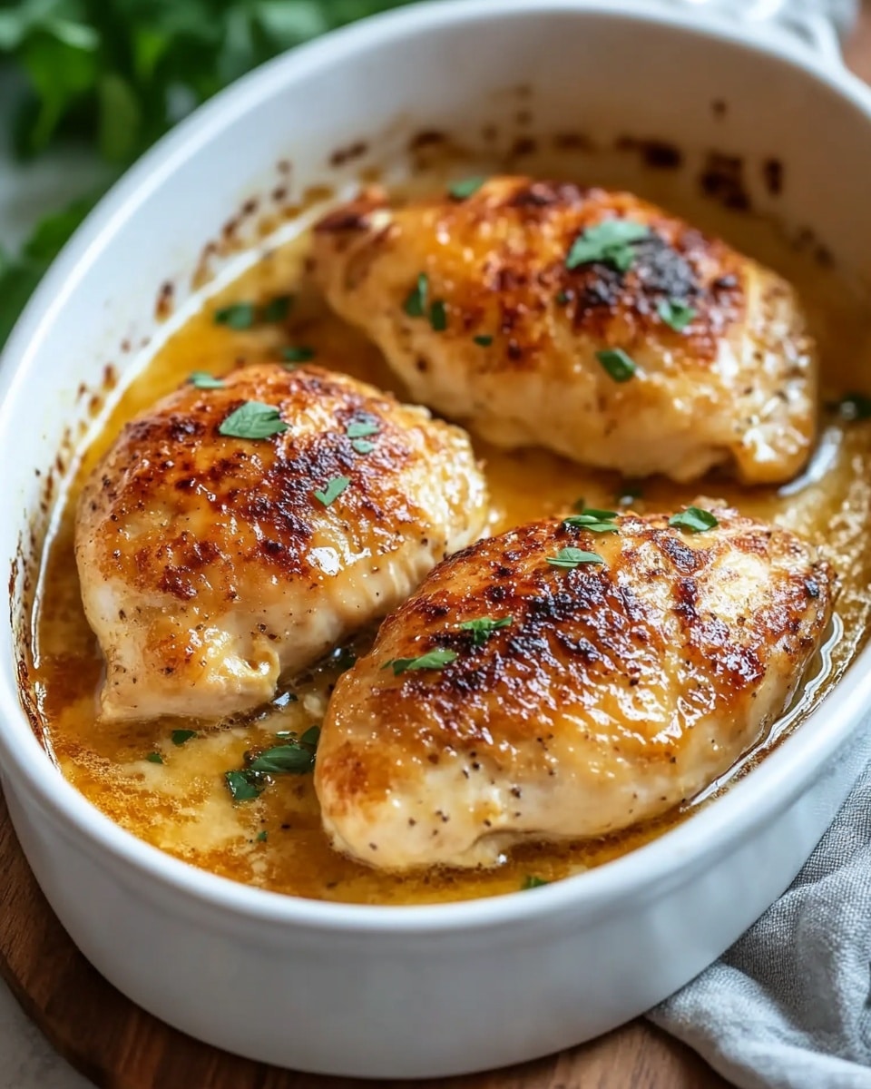 Melt In Your Mouth Chicken Breast, tender chicken breast recipe, creamy cheesy chicken, easy chicken dinner, juicy baked chicken A white oval dish holds three golden brown baked chicken pieces arranged in a row, each with a slightly crispy surface and small green herb sprinkles on top. The chicken sits in a light brown creamy sauce that covers the bottom of the dish, with some sauce splashes on the side edges. The dish is placed on a wooden board, and some blurred green leaves and a gray cloth can be seen in the background over a white marbled surface.