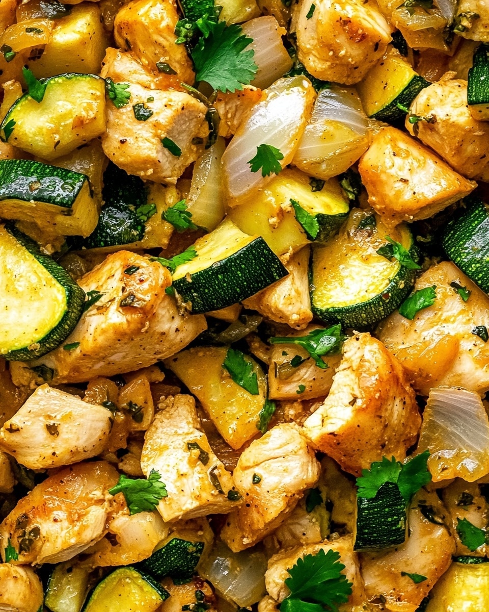 Easy Baked Chicken and Zucchini, baked chicken with zucchini, healthy chicken and zucchini dinner, quick baked chicken recipe, simple zucchini chicken dish The image shows a clear glass baking dish filled with cooked food on a white marbled surface. The dish contains chunks of golden brown meat mixed with pieces of cooked yellow and green zucchini and pale juicy onions, all topped with bright green chopped herbs. The ingredients are mixed evenly, showing a textured and colorful combination of browned and soft vegetables and meat with a light sauce gathered at the bottom. The overall look is warm, fresh, and inviting, with a balance of green, yellow, and brown colors.
