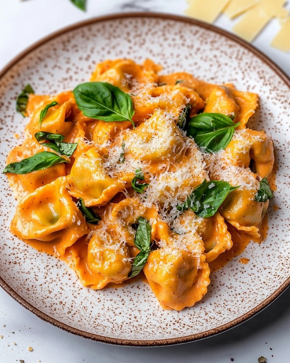 The dish shows two plates of pasta with about three layers of ingredients: the pasta itself is a rich orange-red color, covered in creamy sauce with visible green spinach leaves mixed throughout. On top, there is a sprinkle of grated cheese and small bits of black pepper scattered over the cheese. The front plate is white with brown swirl lines around the edge, holding a generous serving of the pasta and sauce. Behind it, another white plate has a similar portion of the pasta. There are some broken pieces of cheese and chopped spinach scattered around the front plate on a white marbled surface. photo taken with an iphone --ar 4:5 --v 6.1