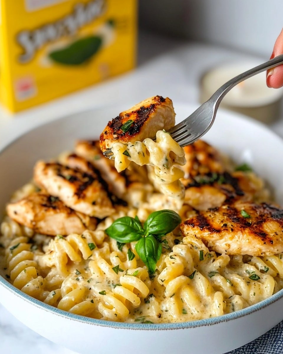 The image shows a close-up of a fork held by a woman's hand lifting creamy pasta spirals from a white bowl filled with a layer of pale yellow creamy pasta mixed with herbs and small bits of seasoning. On top of the pasta, there are grilled golden-brown pieces of chicken with a slightly crispy texture and visible herbs. The background is a white marbled surface with a blurred yellow pasta box and a small candle nearby. The bowl has a thin blue rim, and a sprig of fresh green basil rests on the pasta in the bowl. Photo taken with an iphone --ar 4:5 --v 6.1