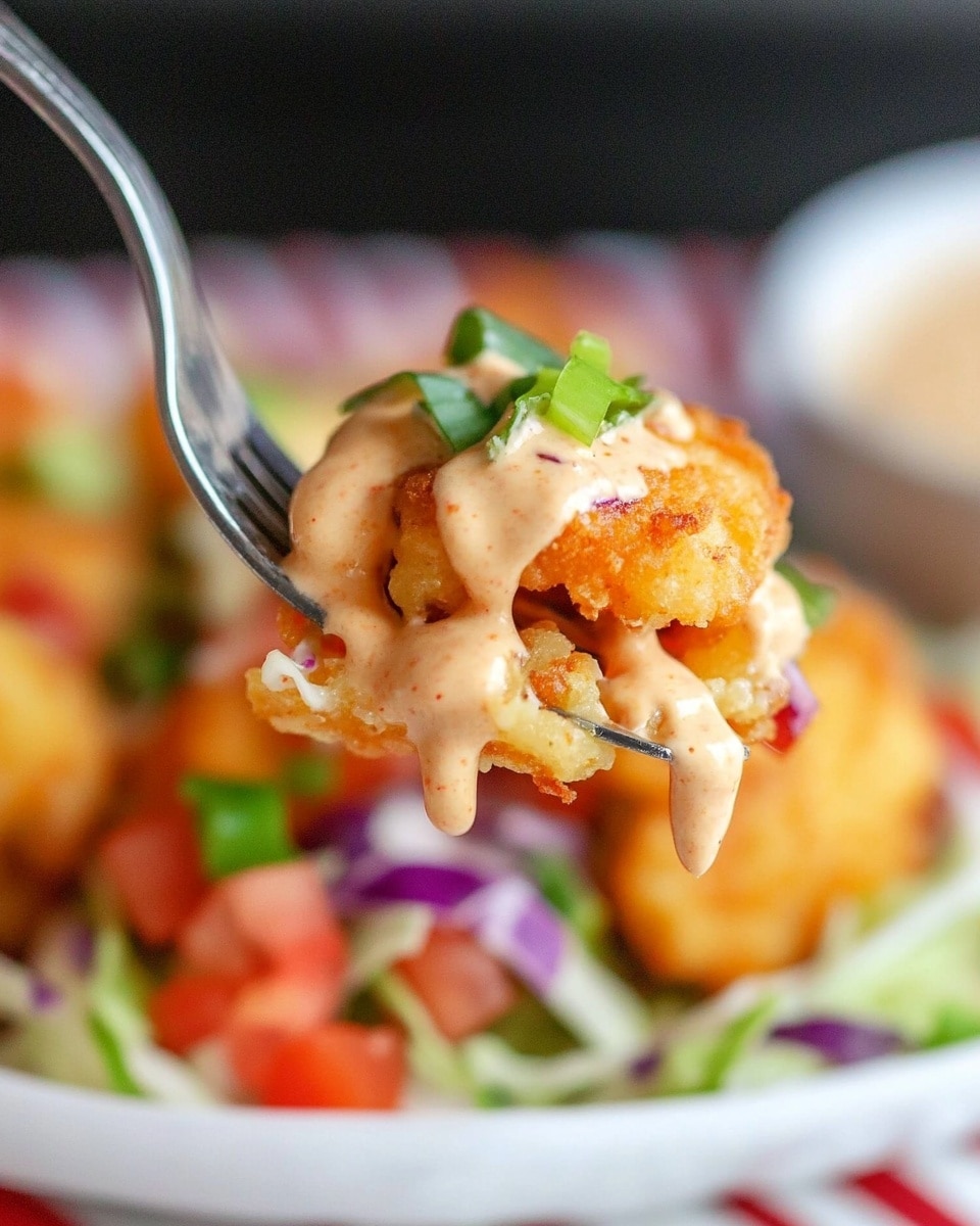 A close-up image shows a fork holding a colorful bite with multiple layers: a crispy light orange fried shrimp on top, drizzled with a creamy pale orange sauce, resting on shredded white cabbage and small pieces of red tomato and green onion. In the blurry background, there is a white plate with more of the same dish and a small white bowl with green garnish on a white marbled surface with a red and white striped cloth. The overall look is fresh and vibrant, with a mix of soft, crunchy, and creamy textures photo taken with an iphone --ar 4:5 --v 6.1