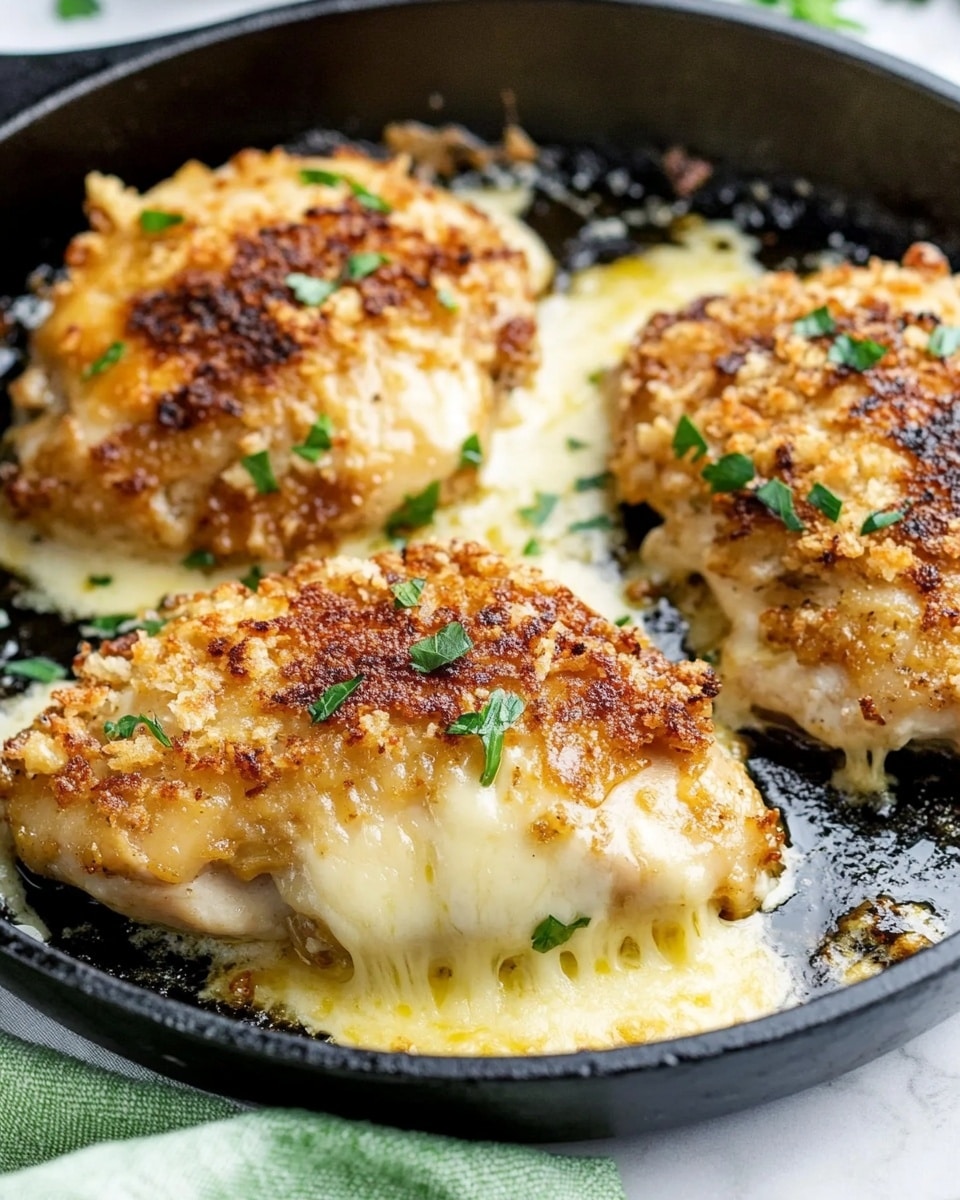 The image shows a black cast iron skillet at the center with three golden-brown chicken pieces covered in melted cheese and toasted breadcrumbs, sprinkled with small green herbs on top. The skillet sits on a white marbled surface with a pale turquoise cloth beneath the handle. To the upper right, there are two baked sweet potatoes with cracked orange flesh, placed on a wooden board with green parsley leaves around them. At the bottom right, on a white plate with a scalloped edge, two chicken pieces with similar golden cheese topping sit next to bright green steamed broccoli. To the upper left, a small wooden bowl holds grated white cheese, and a glass bottle with yellow oil stands beside two golden forks on the white marbled surface. Photo taken with an iphone --ar 4:5 --v 6.1