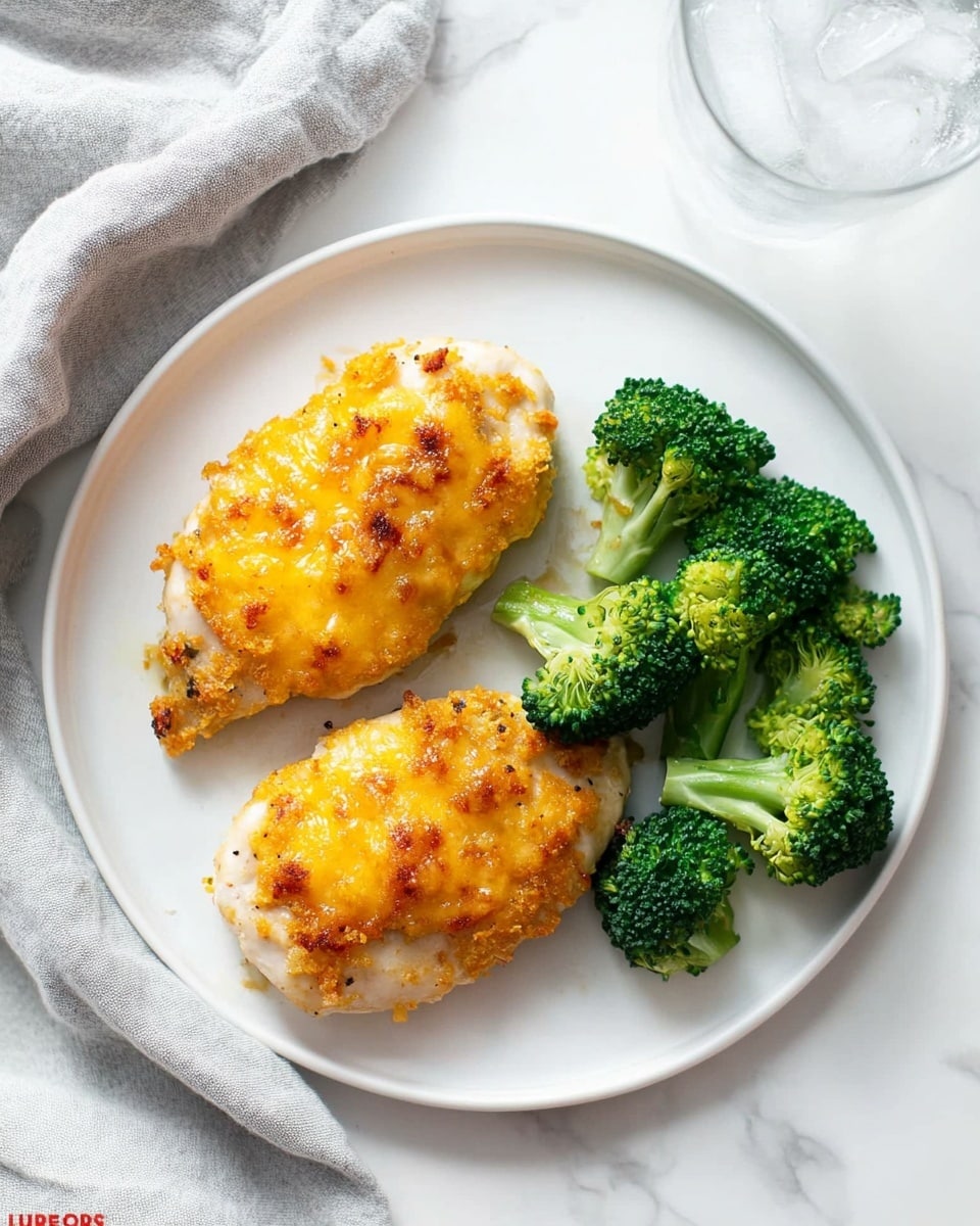The dish shows two pieces of golden brown baked chicken topped with a crunchy, light beige crumb crust sprinkled with small bits of green herbs, placed side by side on a white scalloped plate. To the right of the chicken, there is a small pile of bright green steamed broccoli florets with a fresh, slightly shiny texture. The plate rests on a white marbled surface, with part of a gold fork and a pale blue napkin visible in the lower part of the image. In the blurred background, part of a baking dish with similar chicken pieces and a wooden board with food can be seen. photo taken with an iphone --ar 4:5 --v 6.1