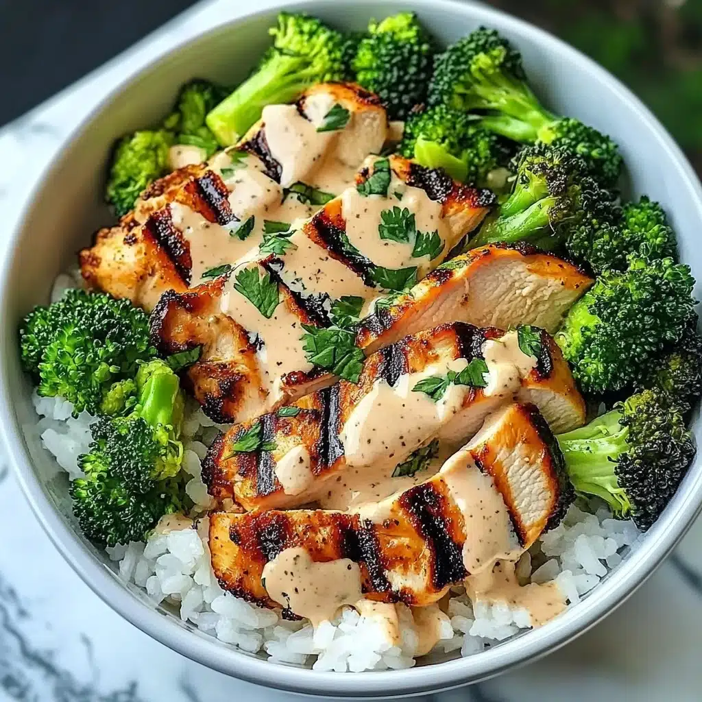 Grilled Chicken Broccoli Bowls with Creamy Garlic Sauce Recipe - Recipe Image