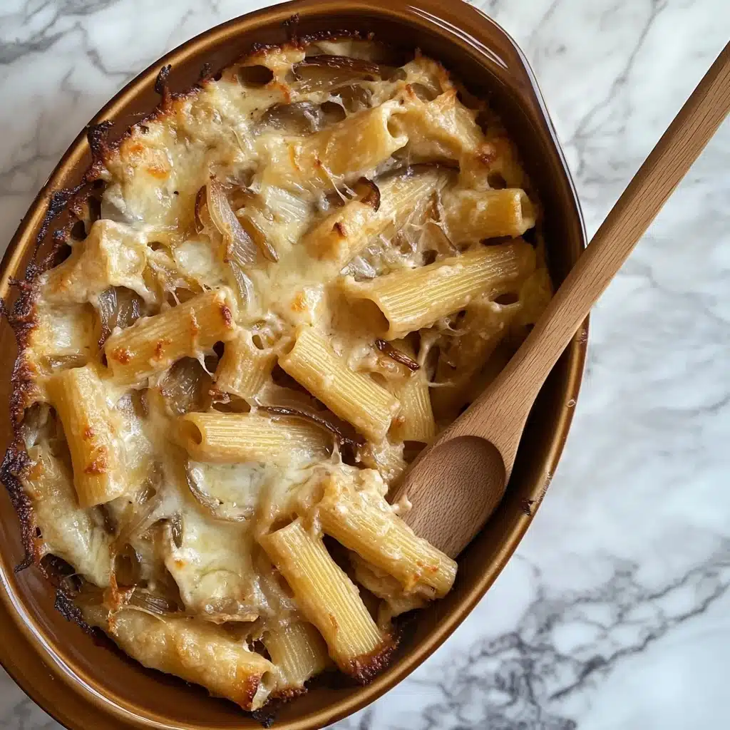 Creamy French Onion Pasta, French Onion Pasta recipe, caramelized onion pasta, cheesy onion pasta, easy French onion pasta dish The image shows a brown oval baking dish filled with baked rigatoni pasta mixed with pieces of mushrooms, all covered with melted light beige cheese. The rigatoni pasta is pale yellow and slightly browned on some parts. The mushrooms are scattered evenly throughout the dish and look soft with a muted brown color. A wooden slotted spoon is partially resting in the dish on the right side, with some pasta underneath it. The baking dish is placed on a white marbled surface.