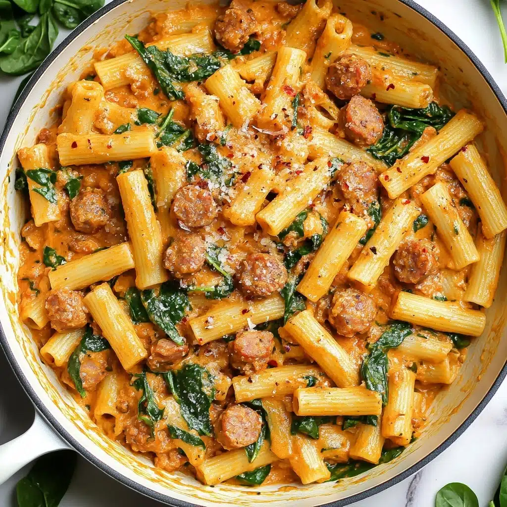 Creamy Sausage Rigatoni, Creamy Sausage Pasta, One-Pan Sausage Dinner, 30-Minute Pasta Meal, Easy Sausage Rigatoni The image shows a white pan filled with a creamy pasta dish made of tube-shaped pasta mixed with pieces of cooked sausage and fresh green spinach leaves. The pasta is covered in an orange-tinted creamy sauce that looks smooth and speckled with red chili flakes and herbs. The sausage pieces are small and brown, scattered evenly throughout the pasta, and the spinach leaves add a fresh green contrast. The pan is set on a white marbled surface, with some uncooked pasta pieces and sprigs of herbs nearby. The lighting highlights the glossy texture of the sauce and the vibrant colors of the ingredients, making the dish look rich and appetizing.