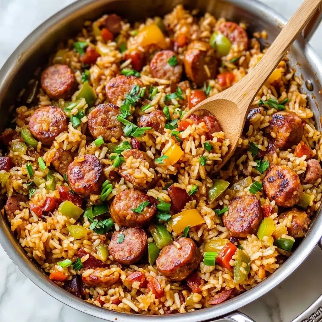 Cajun Sausage and Rice Skillet, Cajun sausage skillet, spicy sausage and rice dish, easy Cajun dinner, one-pan Cajun rice recipe The image shows a large silver pan filled with cooked rice mixed with sliced sausage pieces, small chunks of green and yellow bell peppers, and bits of tomato. The rice is golden brown with a slightly oily texture, and the sausages have a browned, crispy outer layer. Bright green chopped scallions are scattered on top, adding a fresh touch. A wooden spoon sits in the pan with a woman's hand holding it, stirring the rice. The pan sits on a white marbled surface.