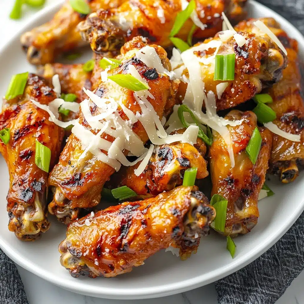 Crock Pot Garlic Parmesan Chicken Wings, easy crock pot chicken wings recipe, flavorful slow cooker chicken wings, crispy garlic parmesan wings, game day chicken wing ideas A white plate holds a pile of grilled chicken wings with a golden brown, crispy texture and some darker charred spots. They are topped with thin, white shredded cheese melted slightly over the wings. Scattered on top are small pieces of fresh green onion slices adding a fresh, bright contrast. The plate is placed on a white marbled surface with a dark cloth partially visible at the edge.