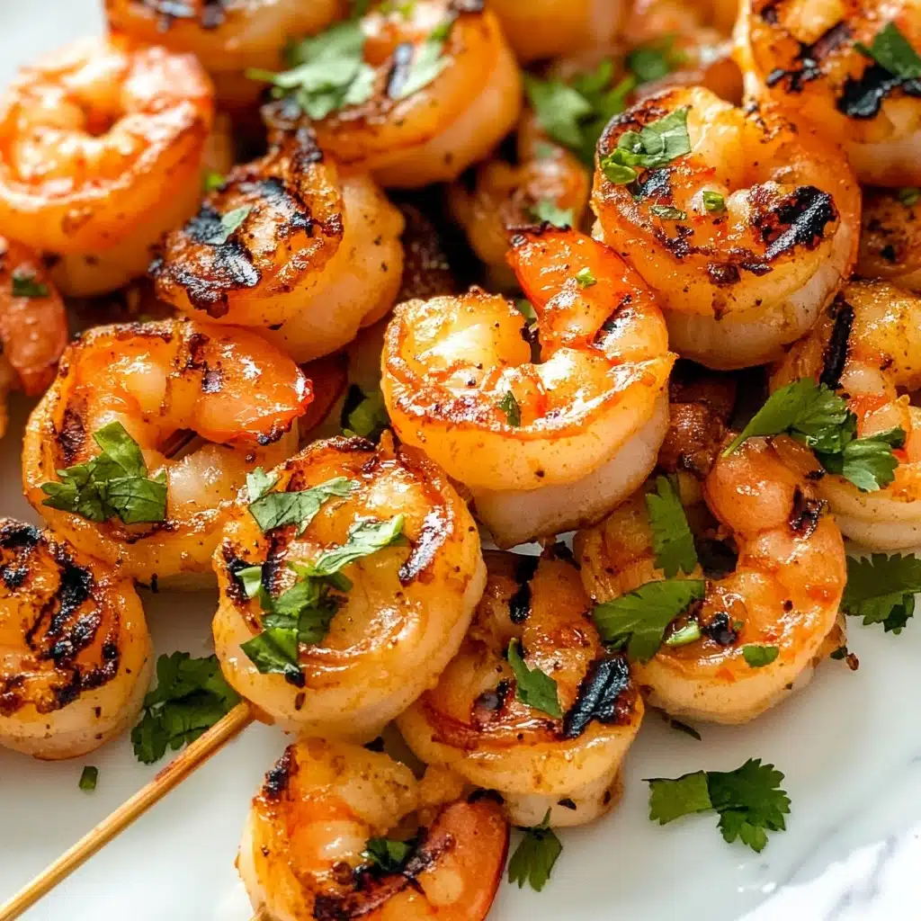 Asian Marinated Grilled Shrimp Skewers, grilled shrimp recipes, shrimp skewers Asian marinade, easy seafood dishes, summer BBQ shrimp skewers A white round plate on a white marbled surface holds skewers of grilled shrimp. Each skewer has three shrimp, cooked to a light orange color with visible grill marks and sprinkled with finely chopped green herbs. There is a half lime and a whole lime on the plate, adding a fresh green contrast. The shrimp look juicy and slightly shiny from a glaze or sauce. To the side, a woman's hand holds a skewer, ready to pick it up.