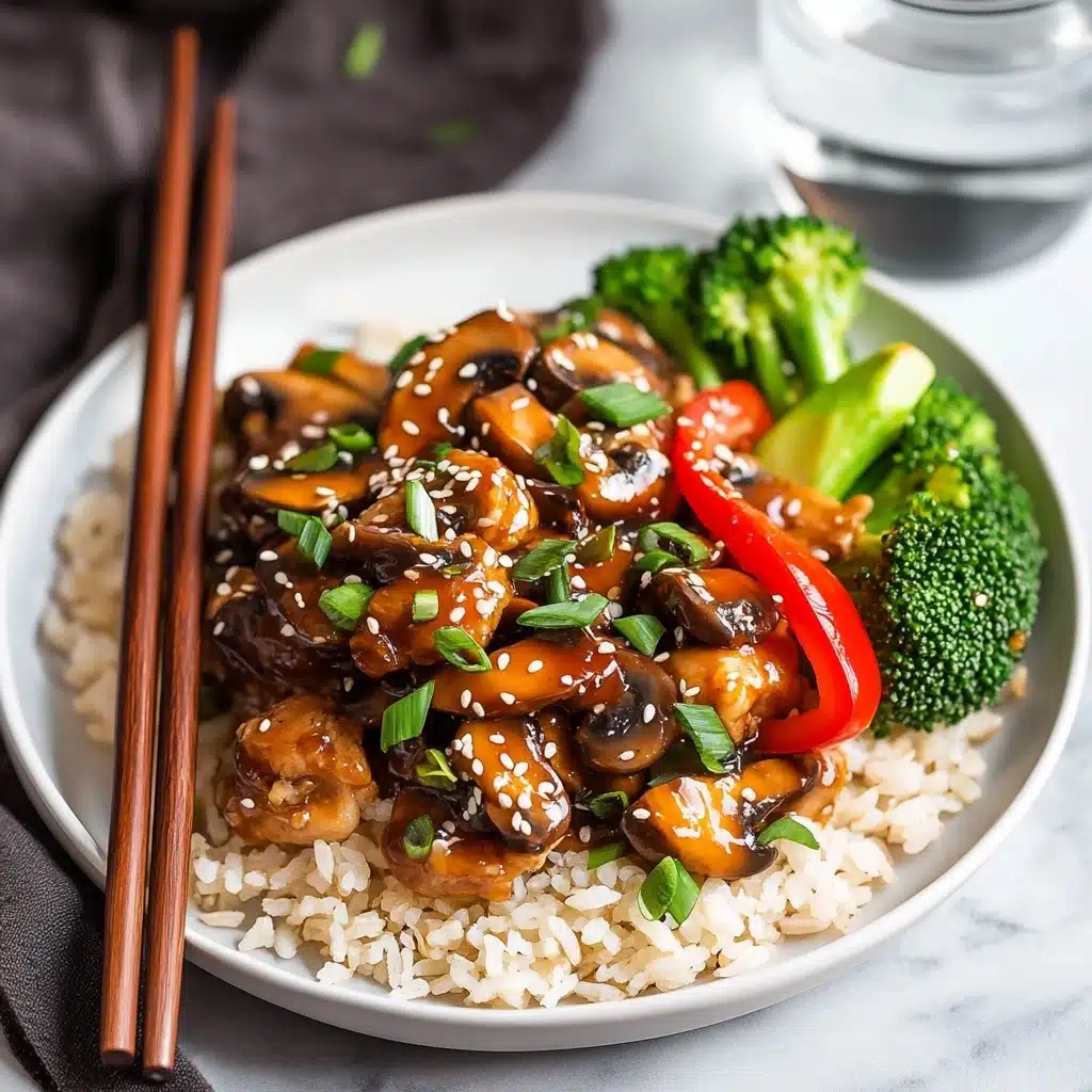 Instant Pot Teriyaki Chicken, easy teriyaki chicken recipe, quick chicken dinner, healthy Instant Pot recipes, savory chicken recipes A white plate on a white marbled surface holds a bed of light tan cooked rice as the bottom layer. On top, there is a layer of dark brown glossy mushroom pieces coated in sauce, sprinkled with white sesame seeds and chopped green onions. To one side of the mushrooms, bright green broccoli florets and slices of red bell pepper add a fresh and colorful touch. Two brown wooden chopsticks rest diagonally on the left edge of the plate. A clear glass of water is placed in the background on the right side.