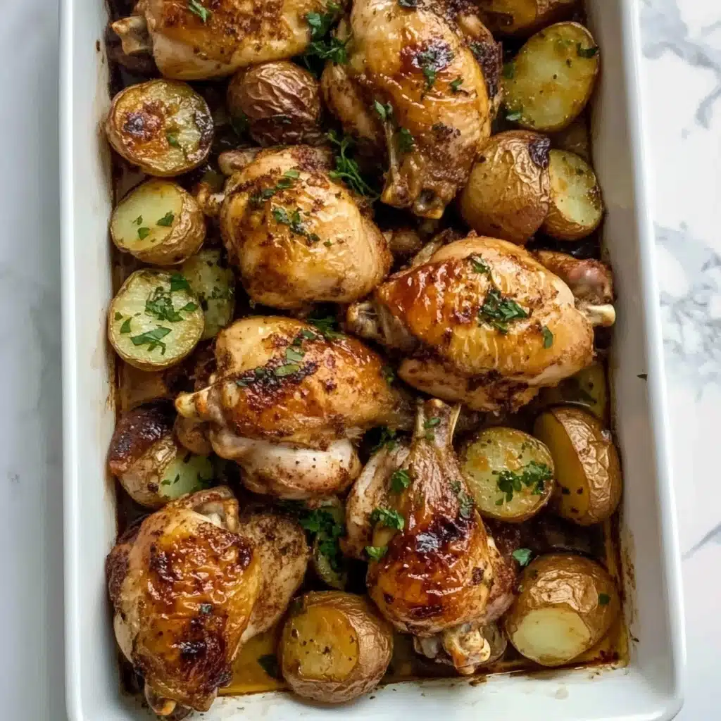 Roasted Chicken and Potatoes with Garlic Sauce, baked chicken with garlic, crispy roasted potatoes, flavorful garlic sauce, easy roasted chicken recipe A white rectangular baking dish filled with seven browned roasted chicken pieces scattered among many halved golden baby potatoes, all sprinkled with finely chopped green herbs. The chicken skin shows crispy, browned spots while the potatoes have a soft, roasted texture with some darker char marks. There is a light layer of brown sauce pooled at the bottom, with some baked-on residue around the edges of the dish. The dish rests on a white marbled surface.