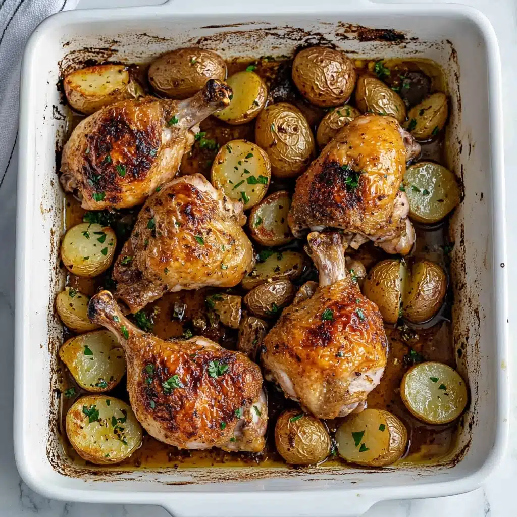 Roasted Chicken and Potatoes with Garlic Sauce, baked chicken with garlic, crispy roasted potatoes, flavorful garlic sauce, easy roasted chicken recipe A white rectangular dish filled with several pieces of golden-brown roasted chicken placed on top of small, round roasted potatoes. The chicken skin is crispy with a slightly shiny texture and sprinkled with green herbs. The potatoes are evenly browned and nestled closely around the chicken pieces. The dish is shown on a white marbled surface.