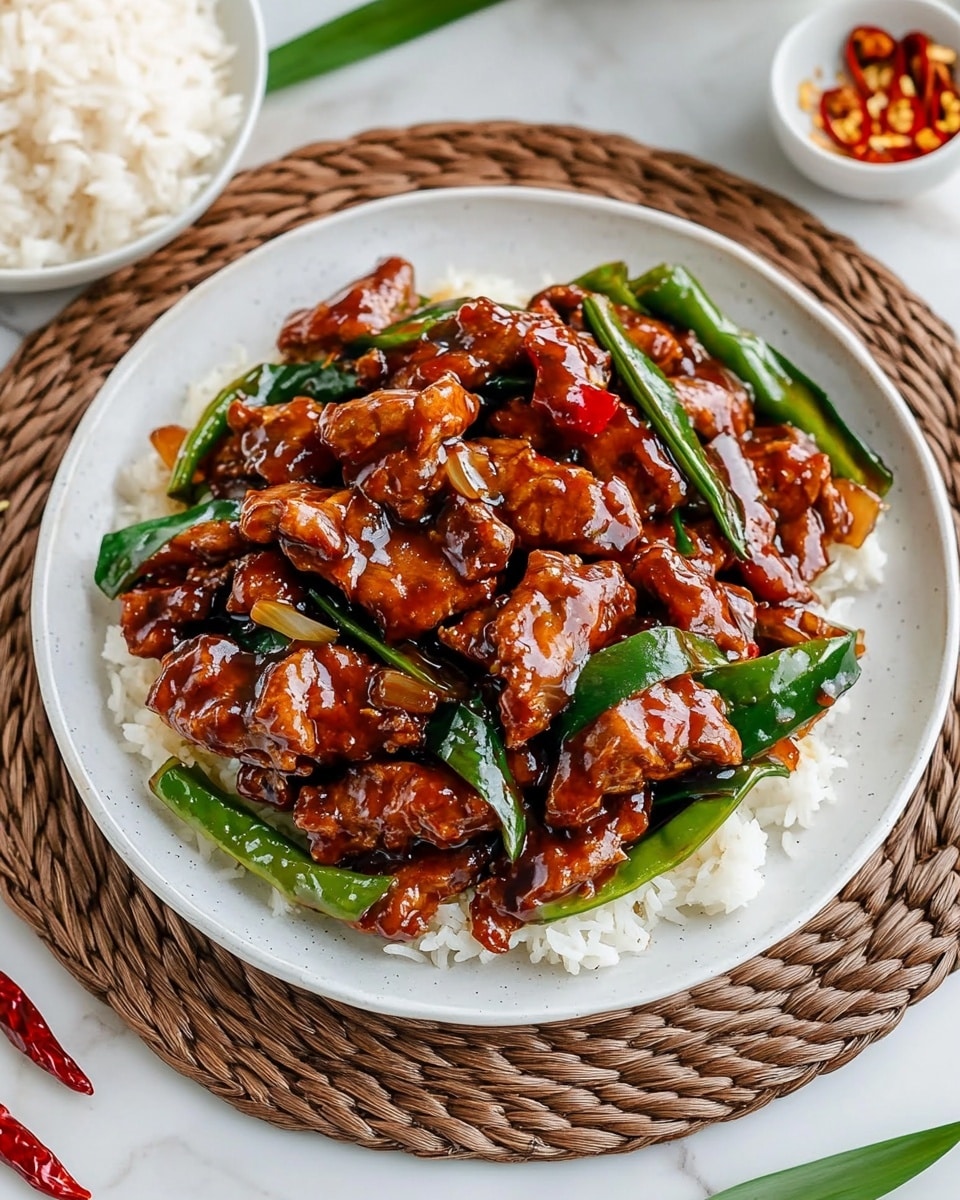 Mongolian Chicken, Mongolian Chicken recipe, Asian chicken dishes, quick weeknight dinner, savory chicken recipes A white round plate sits on a woven brown charger, placed on a white marbled surface. The plate holds a dish with about two layers: the bottom layer has glossy, dark green, sliced long vegetables, and the top layer shows many pieces of brown glazed meat covered in a shiny reddish-brown sauce, mixed with whole dried red chilies and green vegetable pieces. The texture of the meat is slightly bumpy and coated in the sauce, contrasting with the smooth, fresh shine of the green vegetables. Surrounding the main plate, there are two white bowls filled with white rice, some dry red chilies, and green vegetables scattered on the white marbled surface.