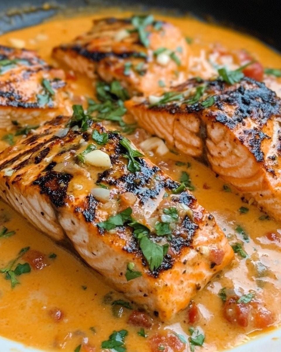 Marry Me Salmon with Sun-Dried Tomatoes and Lemon Parmesan Cream Sauce, salmon with sun-dried tomatoes, lemon parmesan salmon, easy salmon dinner recipes, elegant fish dishes The image shows a red pan filled with three pieces of browned chicken resting in a thick orange sauce with visible bits of tomatoes and herbs, garnished with small green basil leaves scattered on top. The sauce looks creamy and rich with a slightly textured surface. The pan sits on a white marbled texture.