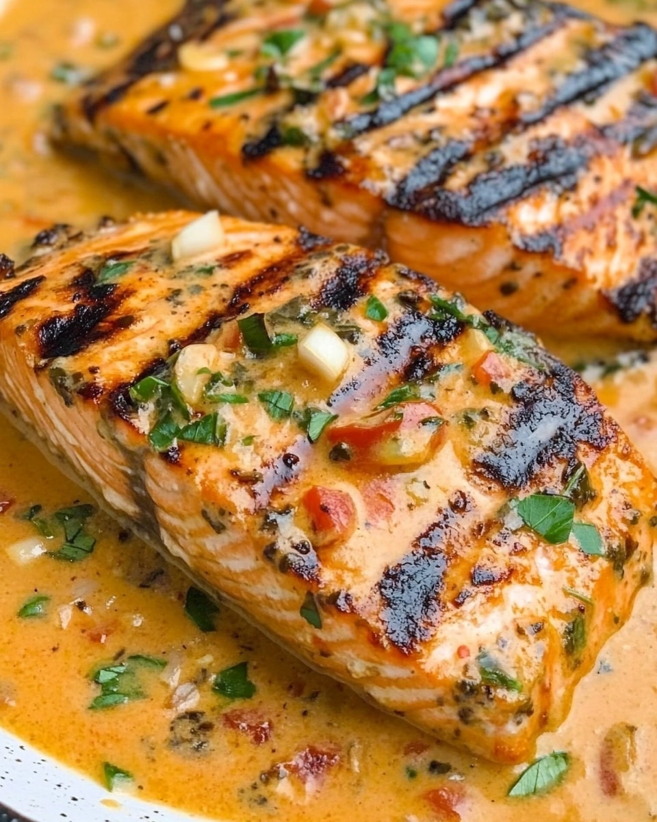 Marry Me Salmon with Sun-Dried Tomatoes and Lemon Parmesan Cream Sauce, salmon with sun-dried tomatoes, lemon parmesan salmon, easy salmon dinner recipes, elegant fish dishes The dish shows three pieces of grilled salmon placed in a thick orange creamy sauce with small bits of white and red, likely garlic and tomatoes. The salmon pieces have charred, dark grill marks on top and appear tender with a slightly pink center. Fresh green herbs are sprinkled over the salmon and sauce, adding a fresh contrast. The sauce looks rich, with a smooth yet chunky texture spread all around the fish on a white marbled surface.